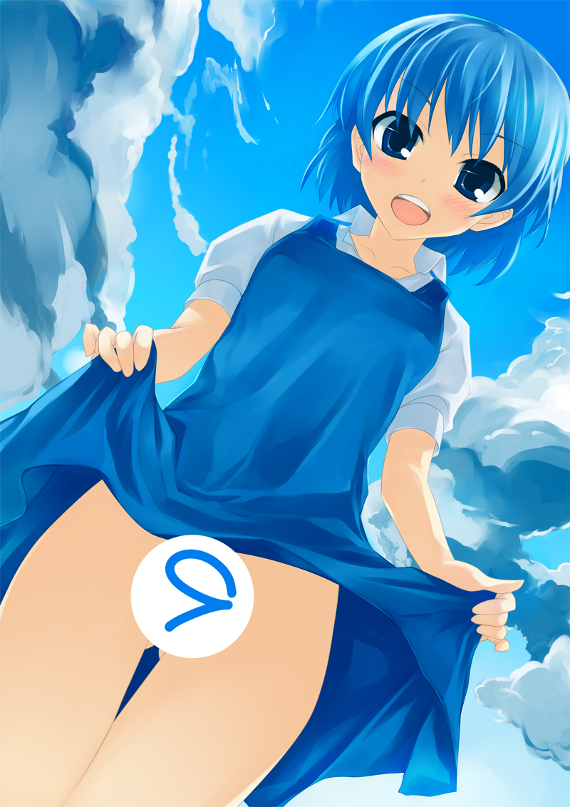pino (birthdayparty), pino (pixiv), cirno, phantasmagoria of flower view, touhou, 1girl, blue eyes, blue hair, blue theme, blush, censored, circled 9, clothes lift, cloud, day, dress, dress lift, female focus, matching hair/eyes, no panties, open mouth, outdoors, short hair, skirt, skirt lift, sky, solo