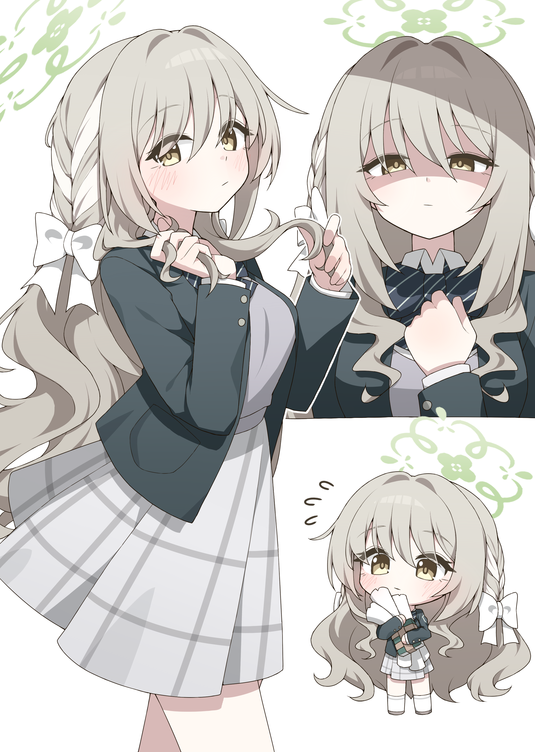 hagoonha, miyo (blue archive), blue archive, absurdres, commentary, highres, 1girl, :/, black bow, black bowtie, blush, book, bow, bowtie, braid, brown hair, chibi, chibi inset, closed mouth, cowboy shot, diagonal-striped bow, diagonal-striped bowtie, diagonal-striped clothes, expressionless, eyes visible through hair, frilled sleeves, frills, frown, full body, green halo, green jacket, grey skirt, hair between eyes, hair bow, hair intakes, hair ribbon, halo, hands up, holding, holding book, holding own hair, jacket, long hair, looking at viewer, multiple views, open clothes, open jacket, plaid clothes, plaid skirt, pleated skirt, ribbon, ribbon braid, rolled up paper, school uniform, shaded face, side braids, sidelocks, simple background, skirt, socks, striped bow, striped bowtie, striped clothes, upper body, very long hair, wavy hair, white background, white bow, white ribbon, white socks, yellow eyes