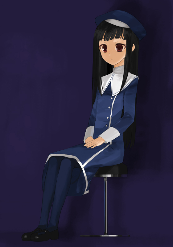kusaka souji, 1girl, black hair, blue theme, female focus, hat, red eyes, solo, stool, thighhighs