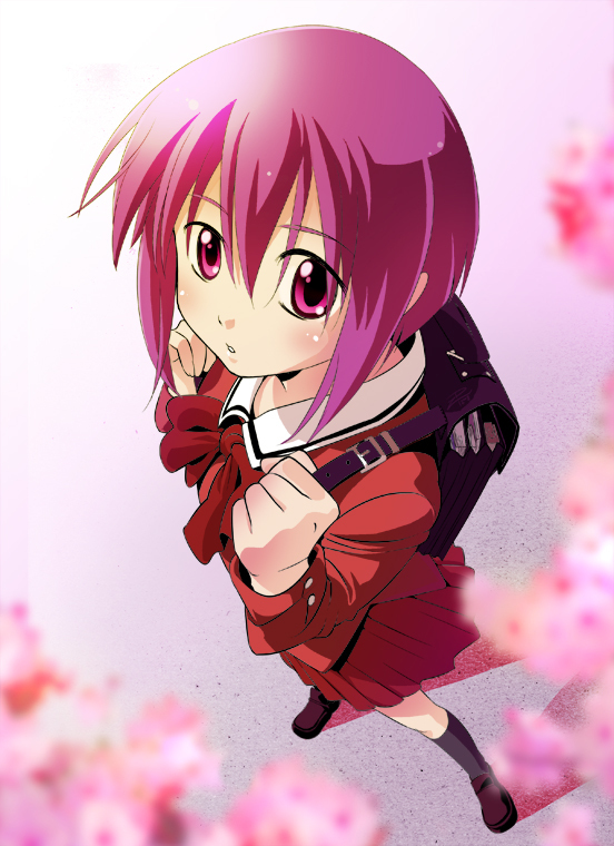 zpolice, kawazoe tamaki, bamboo blade, bad id, bad pixiv id, 00s, 1girl, backpack, bag, bob cut, bow, female focus, from above, full body, outdoors, pink eyes, pink hair, purple eyes, purple hair, randoseru, school uniform, short hair, solo