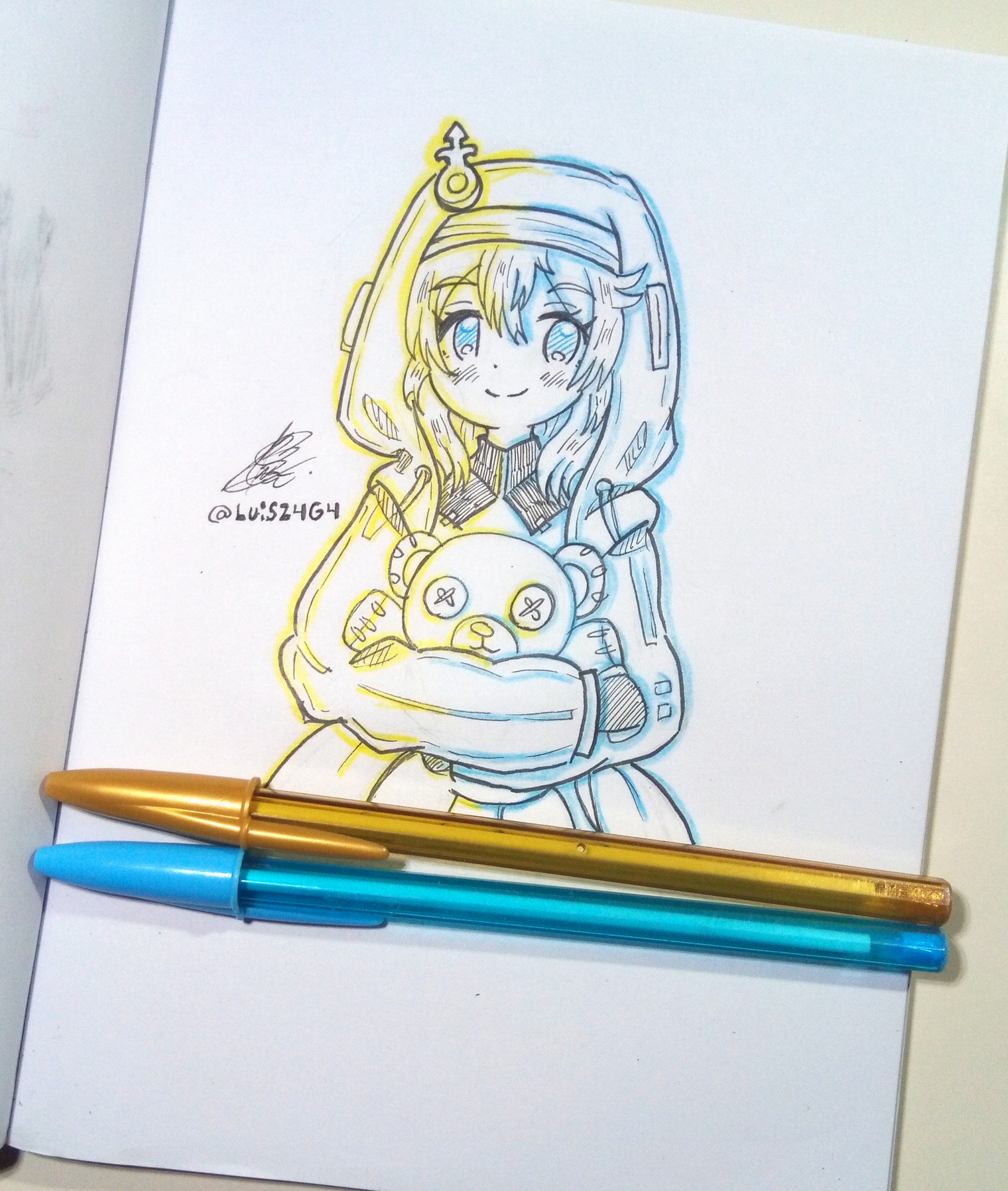 luisz4g4, bridget (guilty gear), guilty gear, commentary, english commentary, highres, pen (medium), photo (medium), traditional media, 1girl, blush, closed mouth, cropped legs, flat chest, holding, holding stuffed toy, hood, hoodie, looking at viewer, medium hair, signature, simple background, smile, solo, stuffed animal, stuffed toy, teddy bear, white background