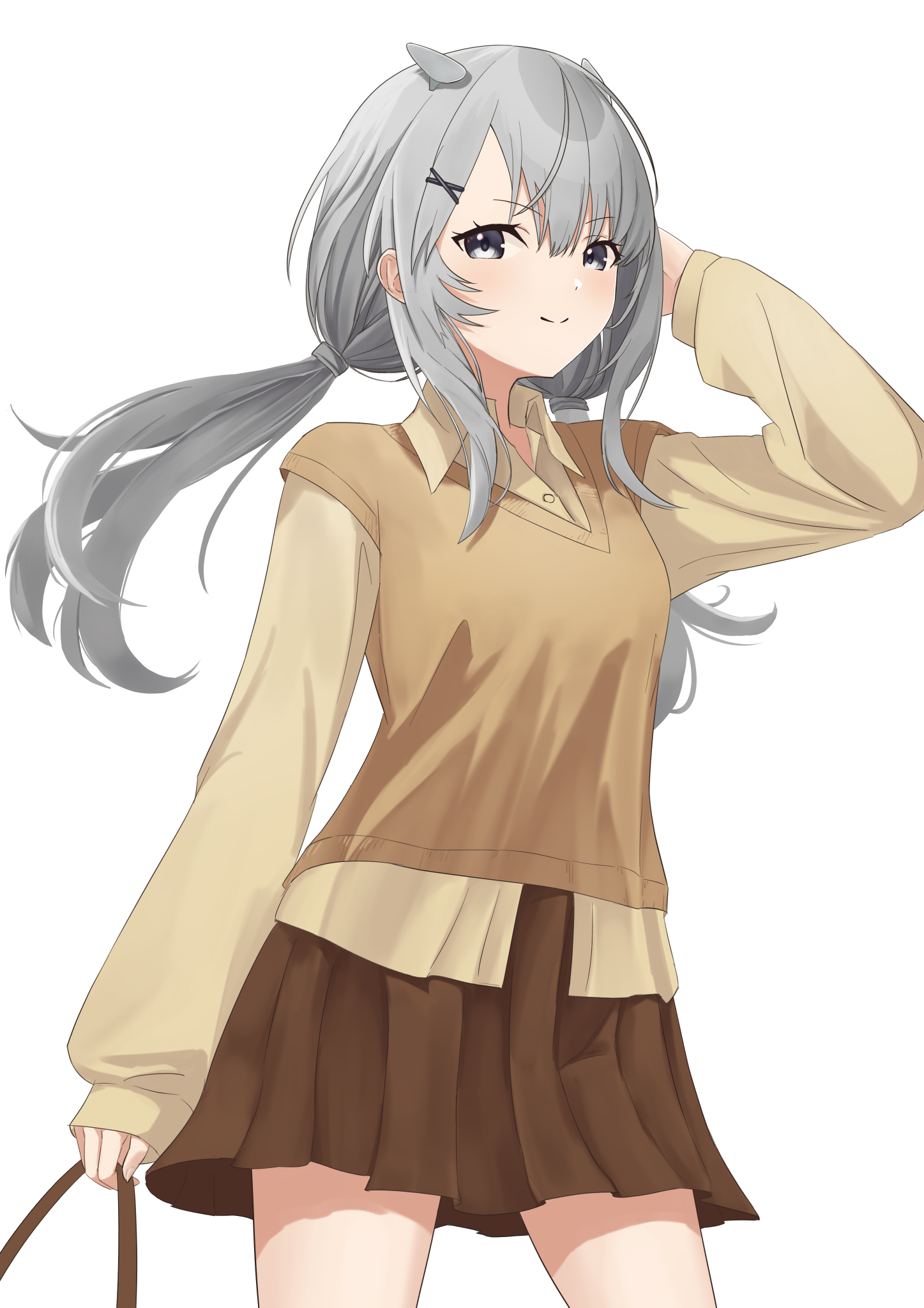 yuki 4040, i-201 (kancolle), kantai collection, commentary request, highres, 1girl, alternate costume, arm up, brown shirt, brown skirt, brown vest, cowboy shot, fake horns, grey eyes, grey hair, hair ornament, horns, long hair, looking at viewer, shirt, simple background, skirt, smile, solo, vest, white background, x hair ornament