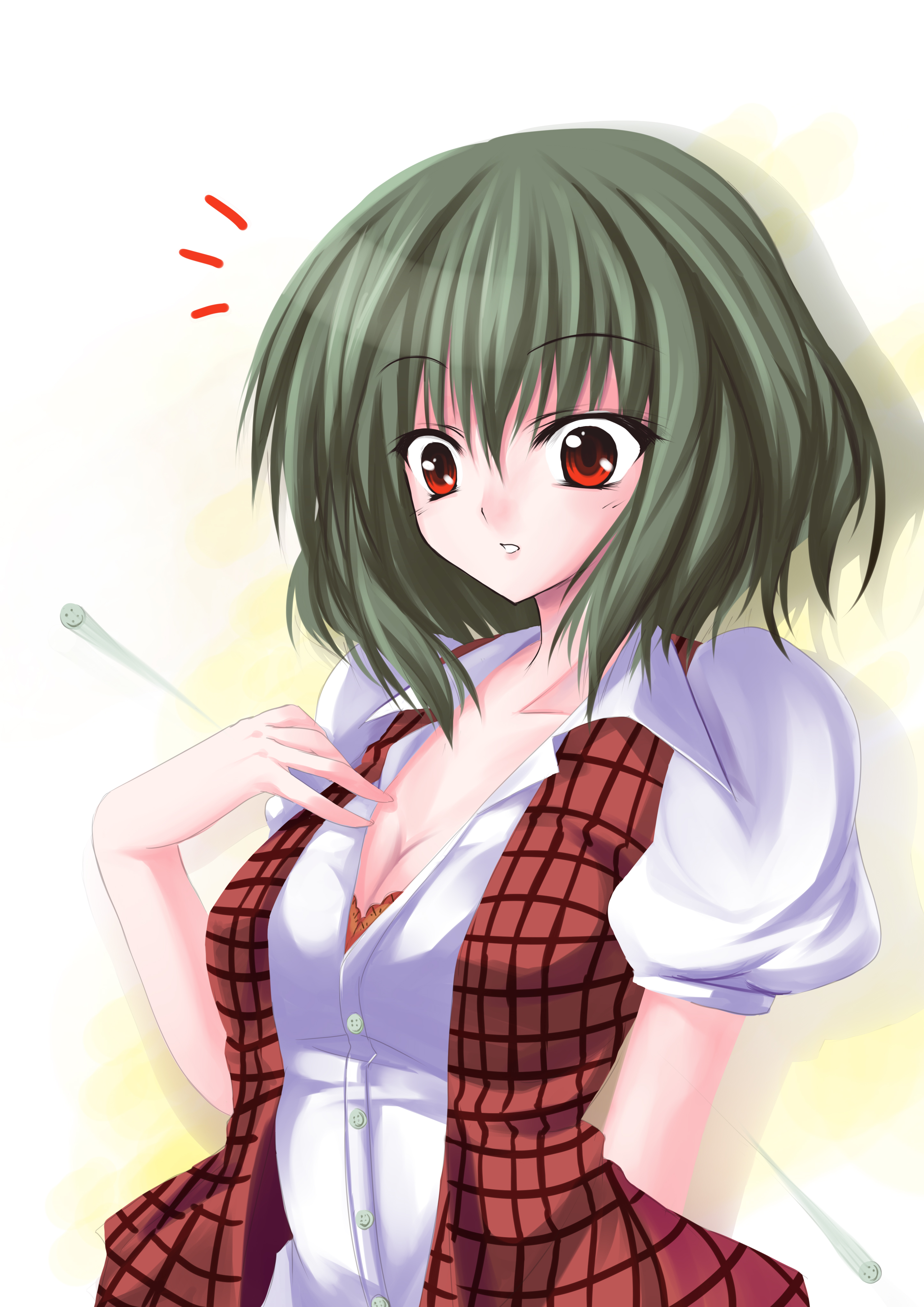 utakata (kochou no yume), kazami yuuka, touhou, absurdres, bad id, bad pixiv id, highres, 1girl, ^^^, breasts, bursting breasts, buttons, cleavage, female focus, green hair, hand on own chest, medium breasts, plaid clothes, plaid vest, popped button, red eyes, short hair, solo, surprised, vest