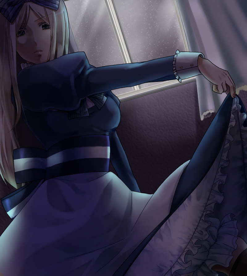 ya no, yano (bijaku denpa), belarus (hetalia), axis powers hetalia, striped, bad id, bad pixiv id, 00s, 1girl, apron, blonde hair, bloomers, blue eyes, clothes lift, curtains, dark, dress, female focus, frills, hair ribbon, lifting own clothes, lingerie, long hair, petticoat, ribbon, skirt, skirt hold, skirt lift, snow, solo, underwear, victorian, window, winter