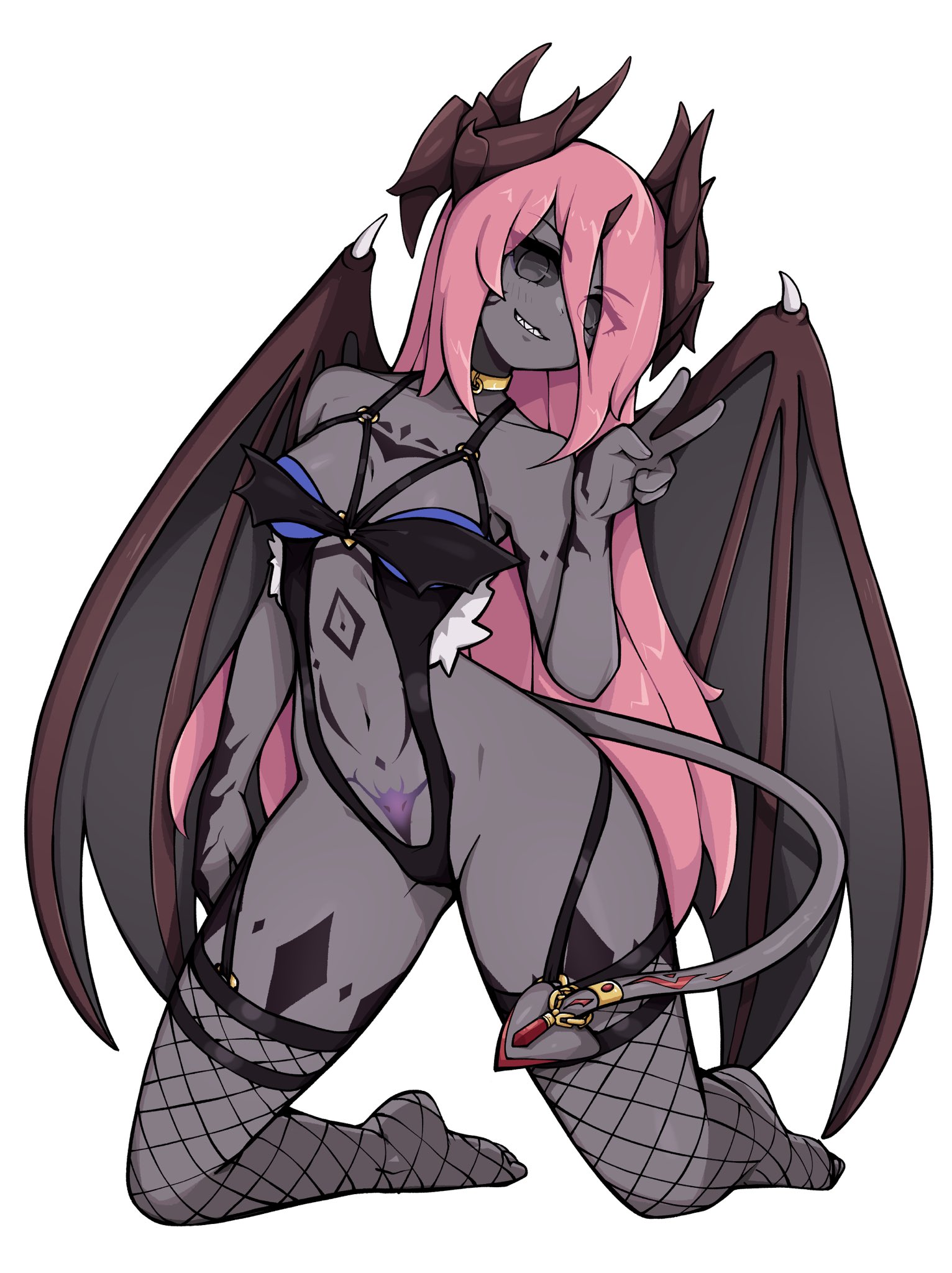 oninuer, original, commentary, commission, english commentary, highres, 1girl, black eyes, black leotard, black sclera, breasts, colored sclera, colored skin, demon girl, demon horns, demon tail, demon wings, double-parted bangs, dress, fishnet thighhighs, fishnets, full body, grey skin, hair between eyes, hand up, horns, kneeling, leotard, long hair, long hair between eyes, looking at viewer, marking on cheek, parted lips, pink hair, revealing clothes, sharp teeth, simple background, small breasts, smile, solo, tail, teeth, thighhighs, v, white background, wings