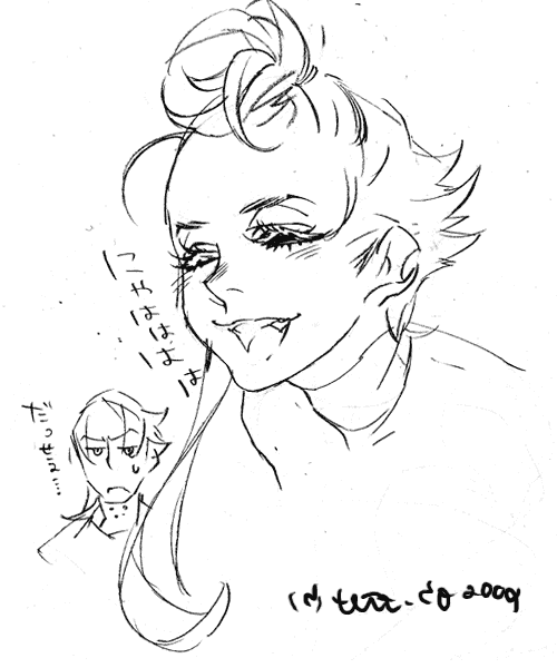 tetz-co, character request, copyright request, tagme, translation request, laughing, monochrome, sketch