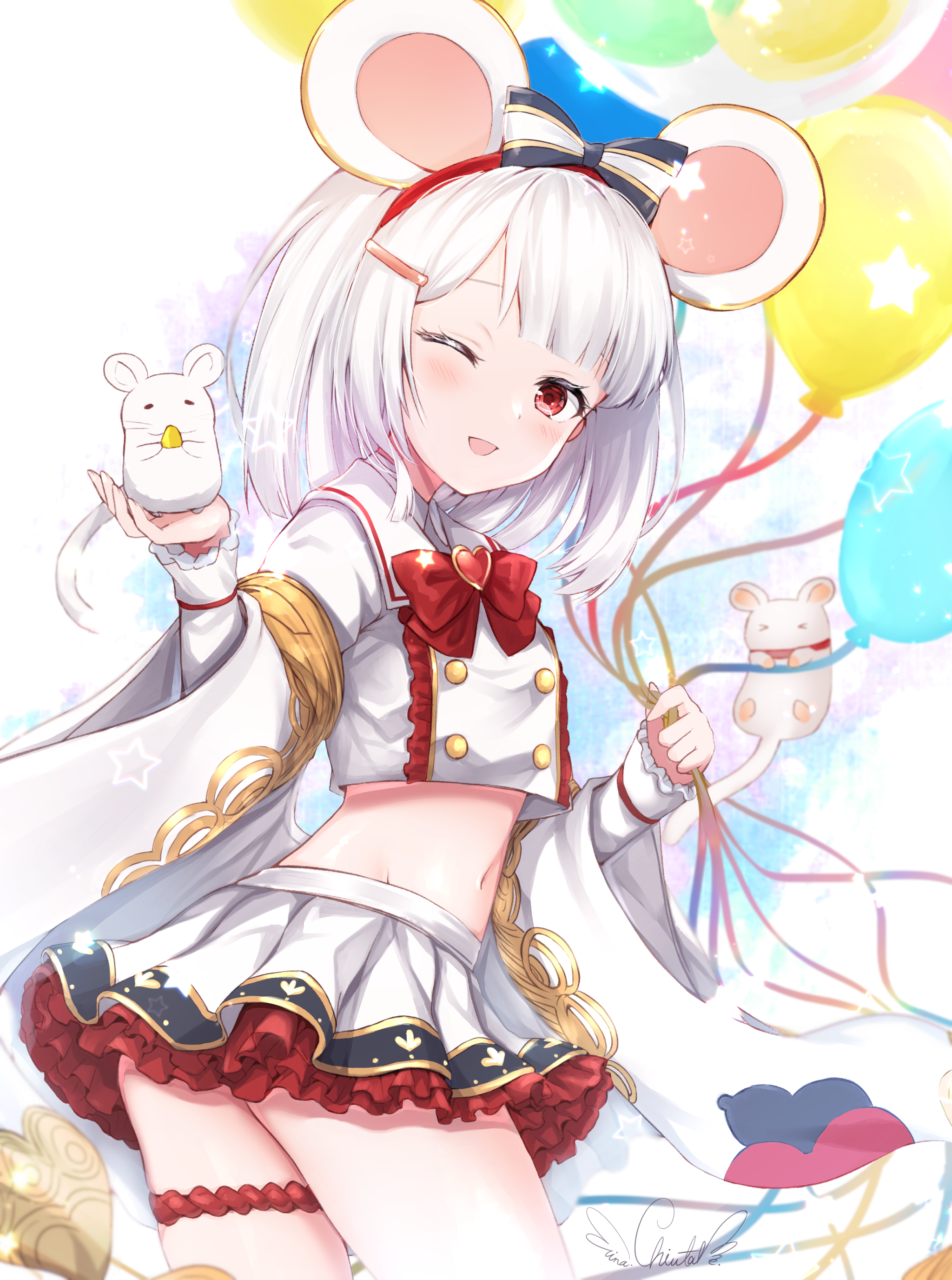 chiutake mina, vikala (granblue fantasy), granblue fantasy, absurdres, commentary request, highres, 1girl, ;d, animal, animal ears, animal on hand, balloon, bow, cheese, chinese zodiac, cowboy shot, fake animal ears, food, heart, holding, holding balloon, long sleeves, looking at viewer, midriff, mouse (animal), mouse ears, navel, one eye closed, open mouth, red bow, red eyes, signature, skirt, smile, solo, white hair, white skirt, year of the rat