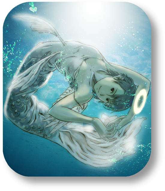 aaru sentou shuudan, kana, kana (haibane renmei), nemu (haibane renmei), haibane renmei, jpeg artifacts, 00s, 1girl, aqua background, aqua theme, arched back, bare shoulders, drop shadow, female focus, fins, flat chest, halo, koinobori, looking at viewer, mermaid, monster girl, reverse trap, rounded corners, short hair, smile, solo, tank top, traditional halo, underwater, wet, windsock, wings