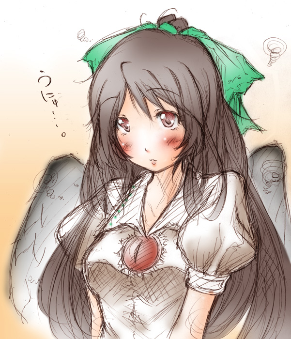 kemu inu, reiuji utsuho, touhou, bad id, bad pixiv id, 1girl, blush, bow, breasts, brown hair, female focus, gradient background, hair bow, long hair, red eyes, sketch, solo, unyu, upper body, white background, wings