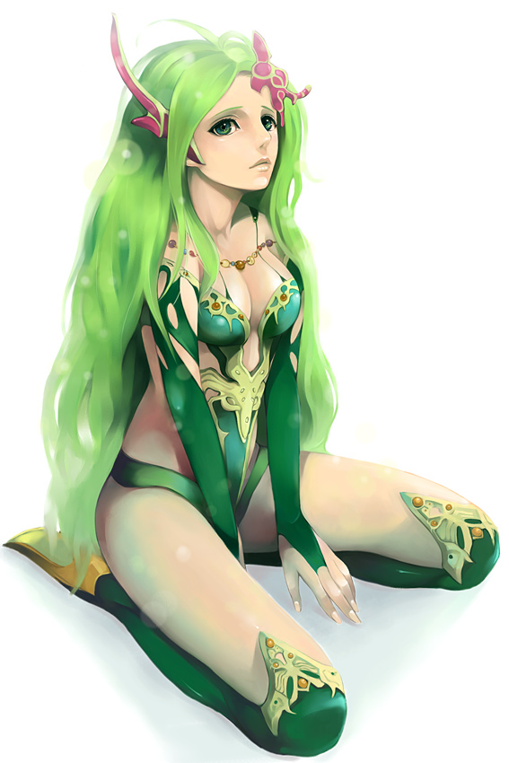 itori (clarice note), rydia (adult) (ff4), rydia (ff4), final fantasy, final fantasy iv, final fantasy iv: the after years, 1990s (style), 1girl, aged up, between thighs, boots, breasts, cleavage, elbow gloves, female focus, fingerless gloves, gloves, green boots, green eyes, green hair, jewelry, knee boots, kneeling, lips, long hair, matching hair/eyes, medium breasts, necklace, retro artstyle, seiza, sitting, solo, thighs