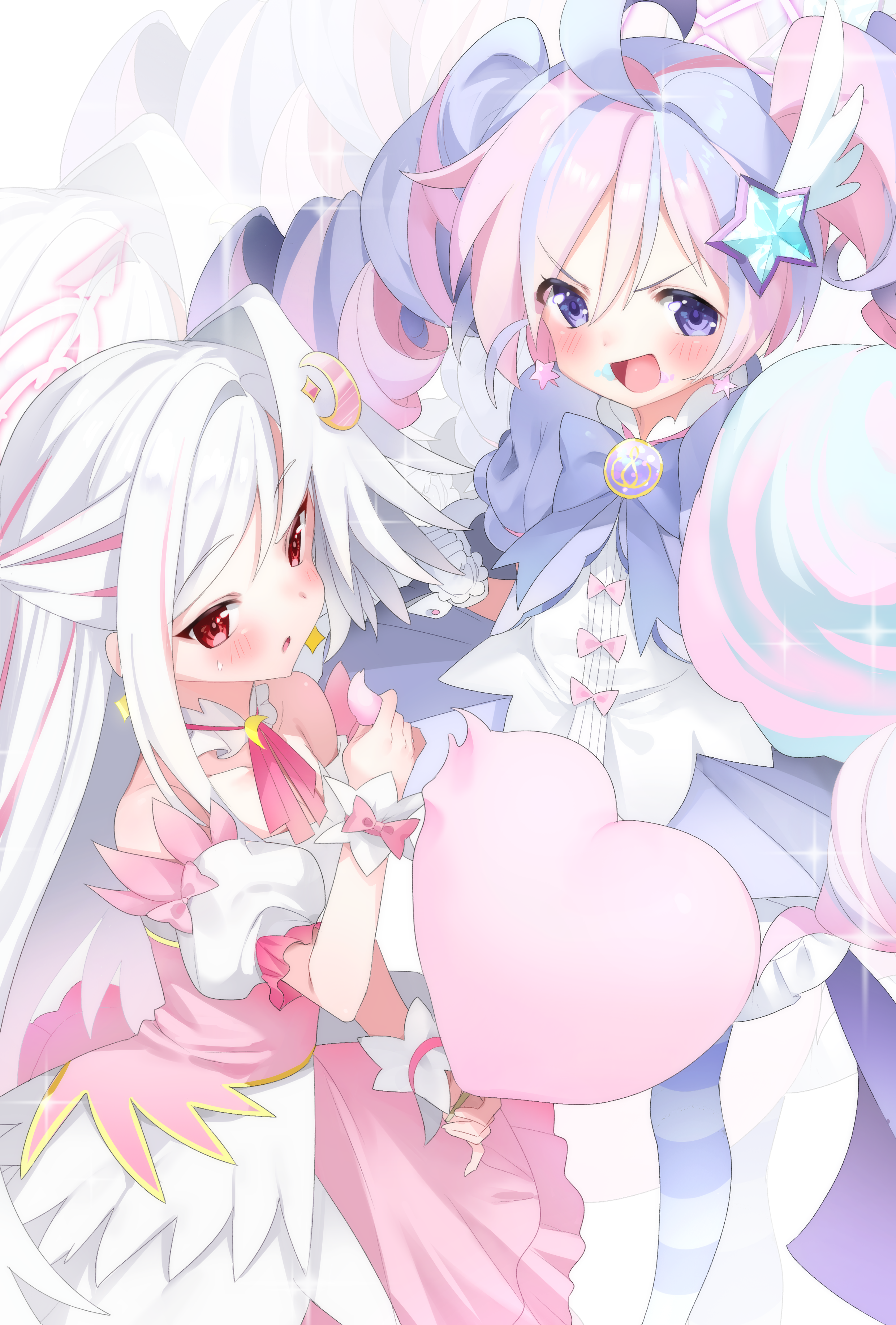 piyon (pyon piiii), reisa (blue archive), reisa (magical) (blue archive), suzumi (blue archive), suzumi (magical) (blue archive), blue archive, absurdres, commentary, highres, 2girls, :d, :o, ahoge, bare shoulders, blue dress, blue hair, blush, bow, choker, clenched hand, cotton candy, cowboy shot, crescent, crescent hair ornament, dog boy, dress, drill hair, earrings, food, food on face, frilled choker, frilled wrist cuffs, frills, from above, gloves, hair ornament, half updo, halo, heart, holding, holding cotton candy, holding food, huge ahoge, jewelry, long hair, looking at viewer, magical girl, multicolored hair, multiple girls, official alternate costume, official alternate hairstyle, open mouth, pink bow, pink dress, pink hair, pink halo, puffy short sleeves, puffy sleeves, purple eyes, red eyes, short sleeves, smile, sparkle, sparkle earrings, star (symbol), star earrings, star hair ornament, streaked hair, sweatdrop, tareme, twin drills, twintails, two-tone dress, two-tone hair, very long hair, white dress, white gloves, white hair, wing hair ornament, wrist bow, wrist cuffs, zoom layer