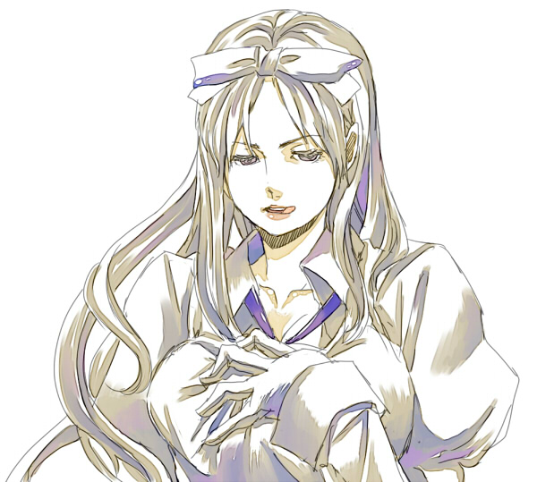 hooshikku, belarus (hetalia), axis powers hetalia, silver hair, bad id, bad pixiv id, 00s, 1girl, blouse, female focus, gloves, hair ribbon, licking lips, lipstick, long hair, makeup, naughty face, ribbon, shirt, solo, tongue, tongue out