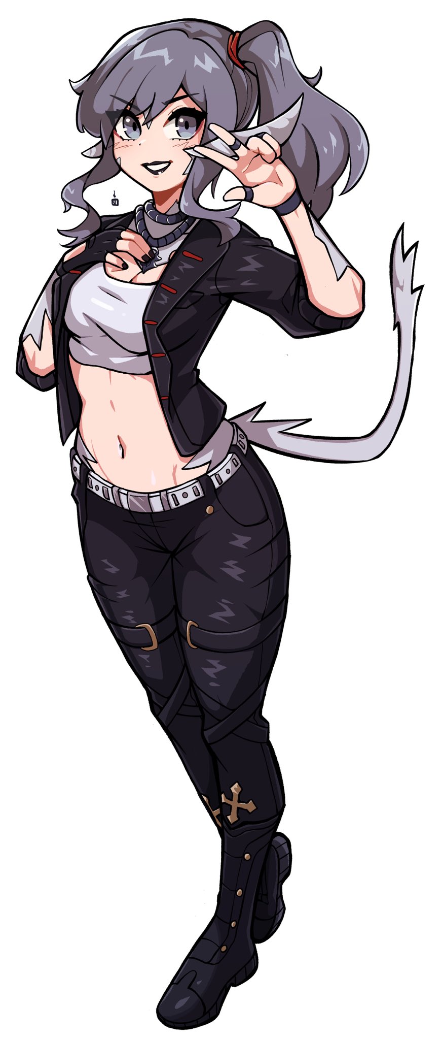 oninuer, original, commentary, commission, english commentary, highres, 1girl, black boots, black jacket, black lips, black nails, black pants, boots, breasts, crop top, fingernails, full body, grey eyes, grey hair, hair tie, hand on own chest, hand up, jacket, jewelry, lipstick, looking at viewer, makeup, medium breasts, medium hair, multiple rings, nail polish, navel, necklace, open clothes, open jacket, pants, parted bangs, ring, sidelocks, simple background, smile, solo, stomach, tail, w, white background