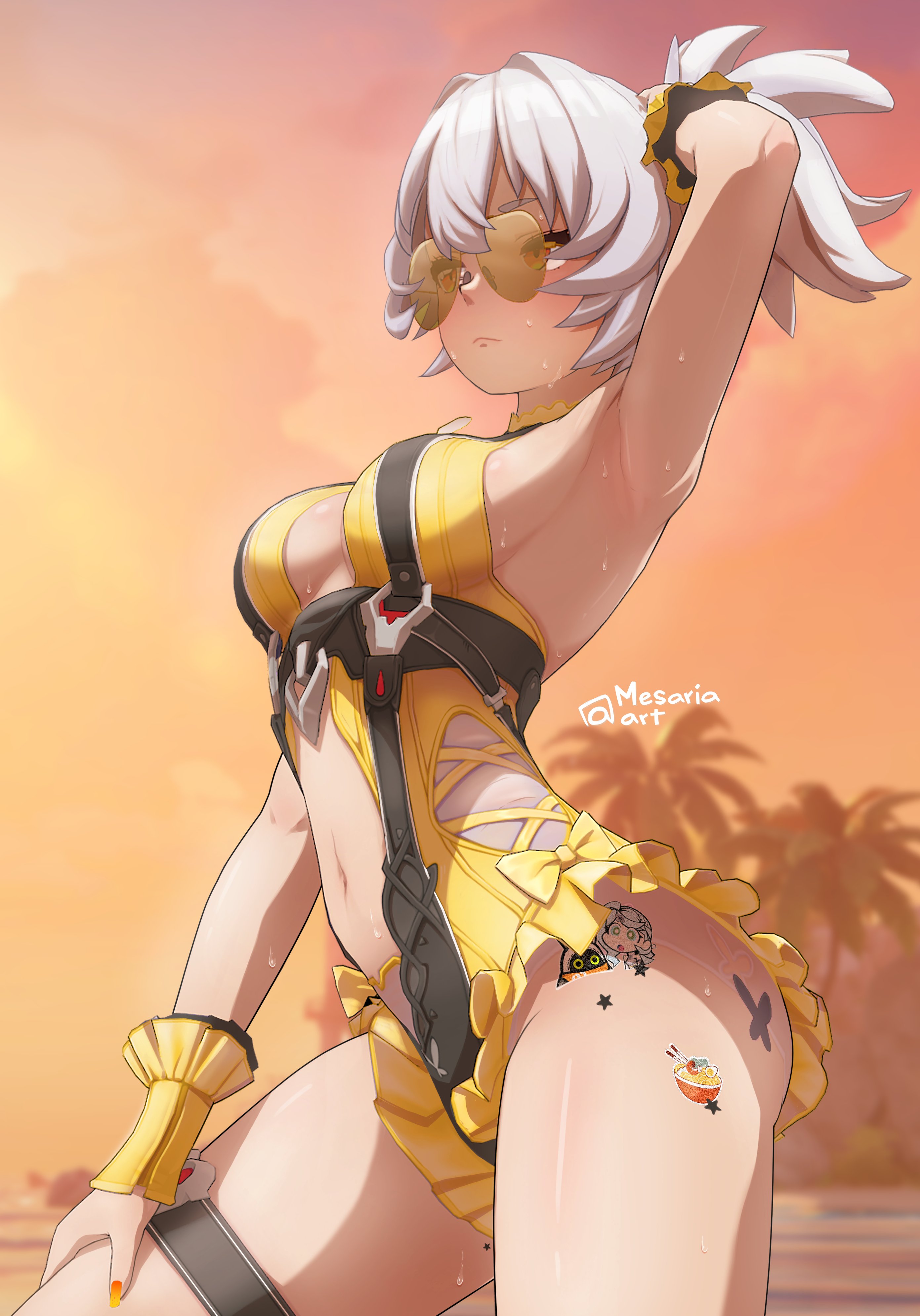 eous (zenless zone zero), seed (zenless zone zero), soldier 11 (zenless zone zero), vivian banshee, vivian banshee (iris of the shore), zenless zone zero, absurdres, highres, 1girl, arm up, armpits, breasts, closed mouth, clothing cutout, cosplay, medium breasts, mesaria art, navel, navel cutout, one-piece swimsuit, orange eyes, orange nails, ponytail, solo, sunglasses, sweat, swimsuit, thick thighs, thigh strap, thighs, vivian banshee (iris of the shore) (cosplay), white hair