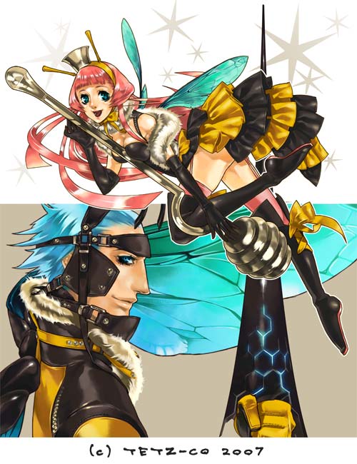 tetz-co, bee, blue hair, boots, bug, frills, pink hair