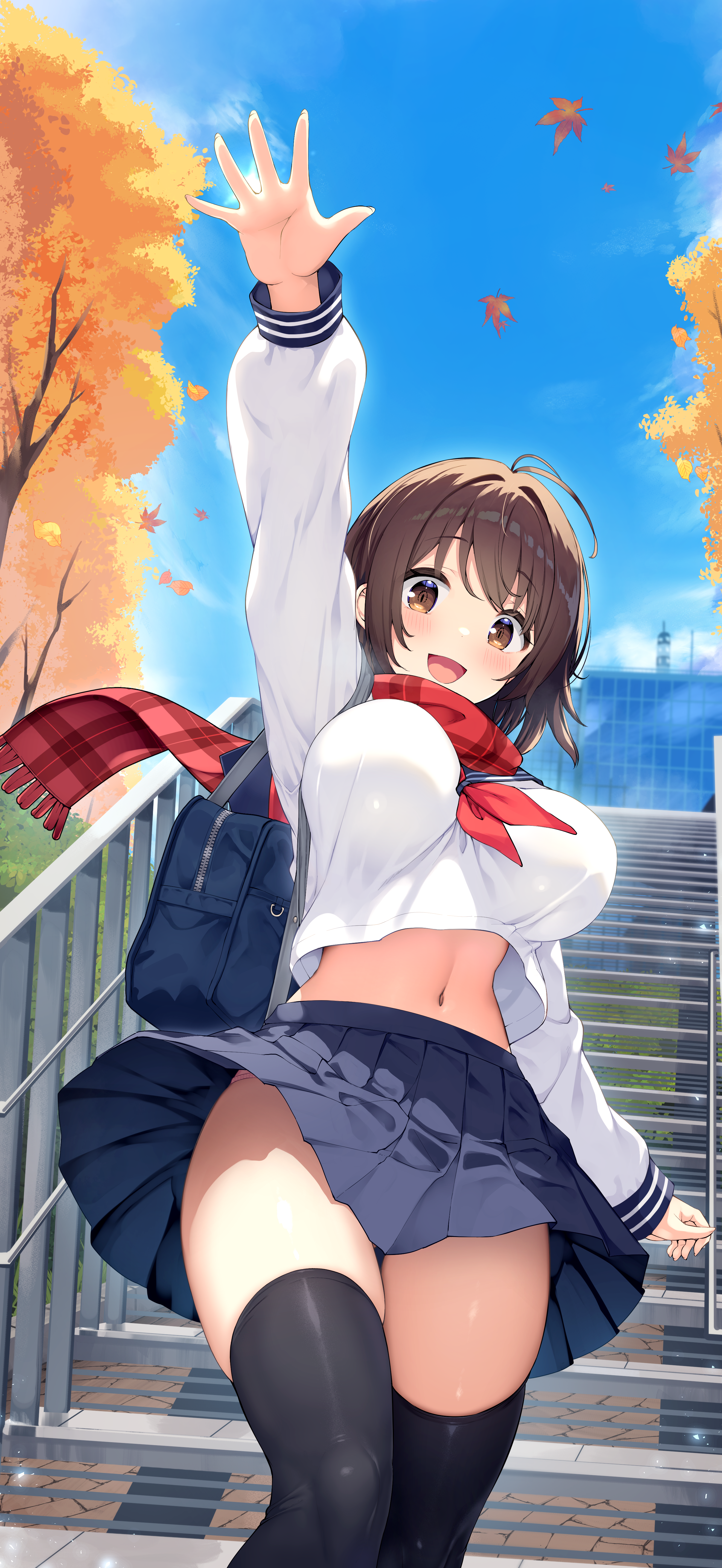 ochinsama, original, absurdres, commentary request, highres, 1girl, ahoge, arm up, autumn leaves, bag, black thighhighs, blue sailor collar, blue skirt, blue sky, blush, breasts, brown eyes, brown hair, building, clothes lift, day, falling leaves, feet out of frame, large breasts, leaf, long sleeves, looking at viewer, navel, neckerchief, open mouth, outdoors, panties, panty peek, pink panties, plaid clothes, plaid scarf, pleated skirt, red neckerchief, red scarf, sailor collar, scarf, school bag, school uniform, shirt, short hair, skirt, skirt lift, sky, smile, solo, stairs, standing, thighhighs, tree, underwear, waving, white shirt, wind, wind lift