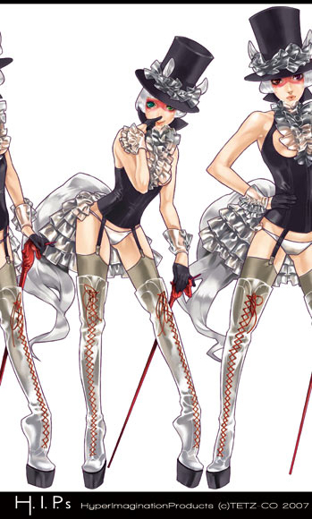 tetz-co, boots, frills, hat, panties, thighhighs, top hat, underwear, white hair