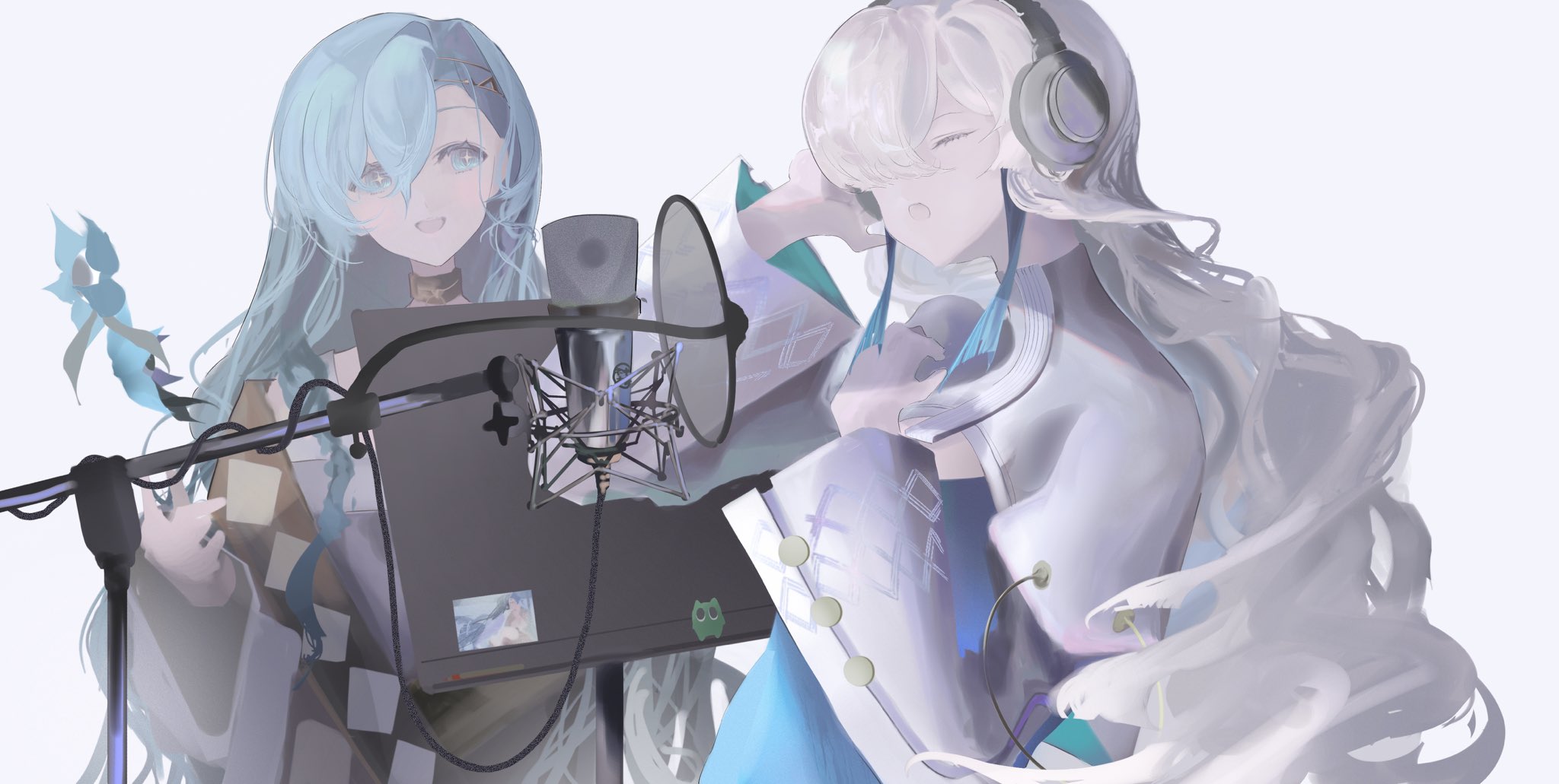 kenran 000, 37 (reverse:1999), isekaijoucho, kamitsubaki studio, reverse:1999, commentary request, highres, 2girls, ancient greek clothes, blue eyes, blue hair, closed eyes, crossover, greco-roman clothes, hair between eyes, headphones, long hair, microphone, microphone stand, multiple girls, music, singing, toga, very long hair, white hair