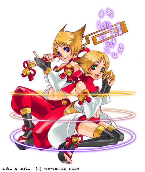 tetz-co, 2girls, bell, blue eyes, green eyes, multiple girls, weapon