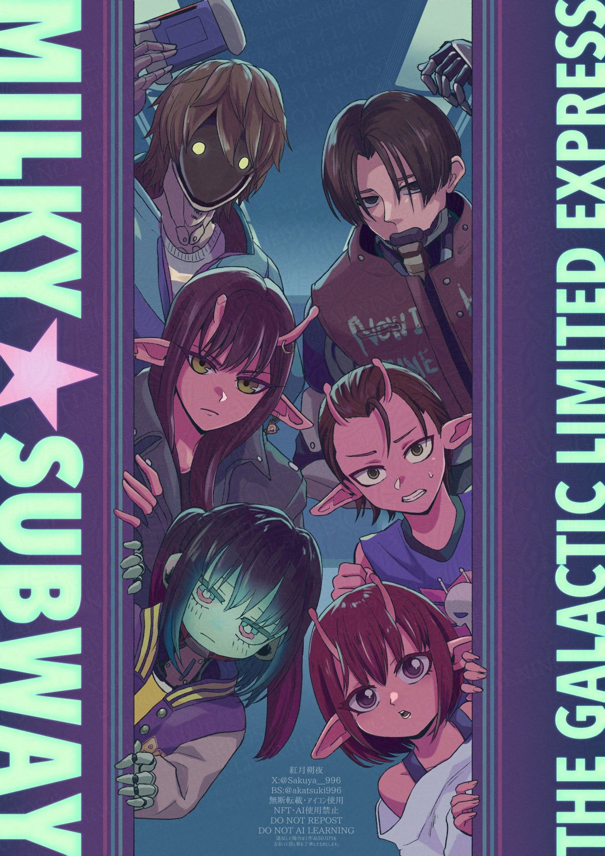 sakuya 996, daidouji akane, kujo chiharu, kurusu makina (milky galactic universe), milky galactic universe, milky subway, commentary request, highres, 3boys, 3girls, antennae, black gloves, black hair, broken antenna, brown hair, clenched teeth, colored skin, copyright name, cyborg, fingerless gloves, gloves, glowing, green eyes, hair slicked back, iwao kanata, jacket, kurt cramer, letterman jacket, max mccalister, mechanical arms, multicolored hair, multiple boys, multiple girls, no mouth, peeking out, pointy ears, purple shirt, red hair, red skin, screen, shirt, sleeveless, sweatdrop, teeth, twintails, vest, windbreaker, yellow eyes