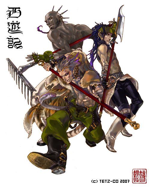 tetz-co, journey to the west, bald, boots, dark skin, gloves, piercing, topless female, weapon