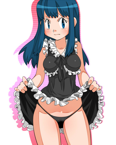 dawn (pokemon), nintendo, pokemon, pokemon dppt, artist request, 1girl, black dress, black panties, blue eyes, blue hair, blush, breasts, clothes lift, collarbone, dress, dress lift, embarrassed, hair ornament, long hair, looking at viewer, maid, medium breasts, panties, skirt, skirt lift, sleeveless, sleeveless dress, standing, underwear, white background