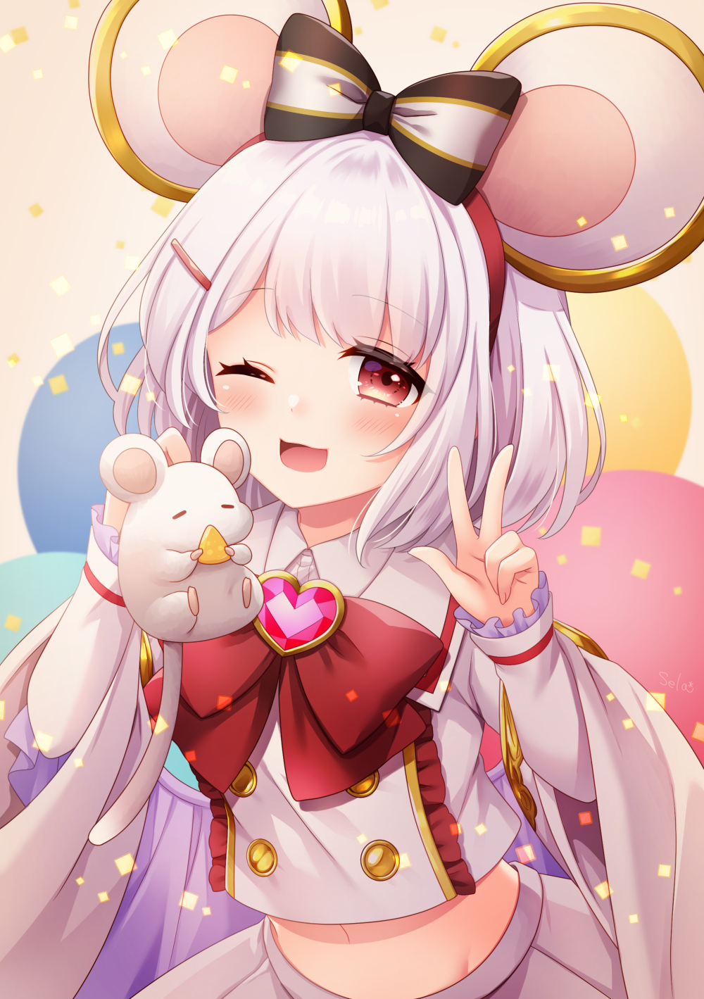 stardrop, vikala (granblue fantasy), granblue fantasy, commentary request, highres, 1girl, ;d, animal, animal ears, bow, cheese, fake animal ears, food, grey hair, grey skirt, hair ornament, hairclip, hands up, holding, holding animal, long sleeves, looking at viewer, midriff, mouse (animal), mouse ears, navel, one eye closed, open mouth, red bow, red eyes, simple background, skirt, smile, solo, upper body, w