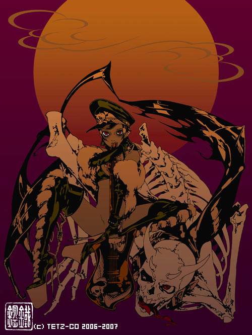 tetz-co, fur, boots, bra, dark skin, electric guitar, guitar, high heel boots, high heels, horns, instrument, lingerie, red eyes, shoes, skeleton, underwear