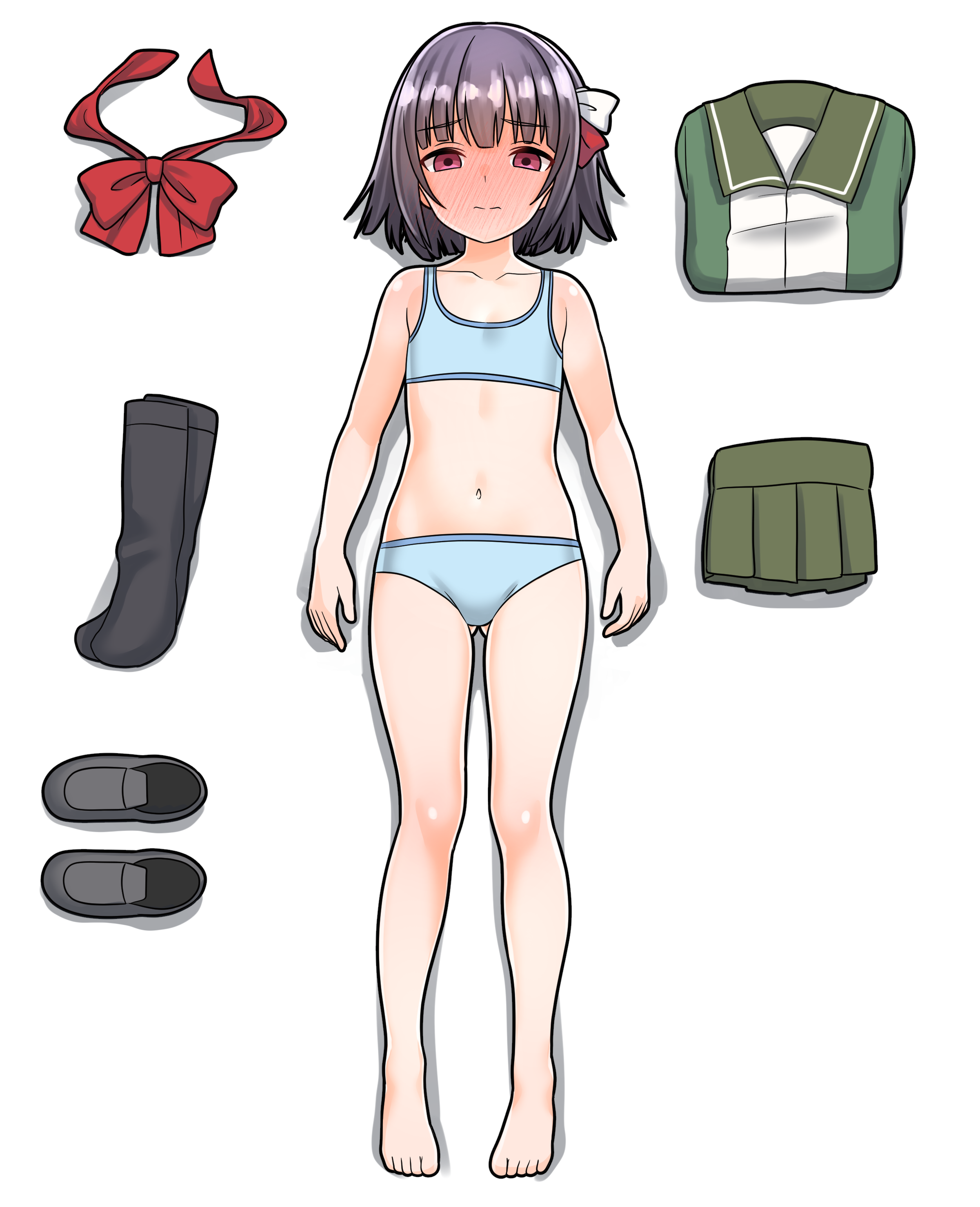 furaggu (frag 0416), ishigaki (kancolle), kantai collection, absurdres, commentary request, commission, highres, pixiv commission, variant set, 1girl, black hair, black shoes, black socks, blue bra, blue panties, blunt bangs, blush, bow, bowtie, bra, full-face blush, full body, green sailor collar, green shirt, green skirt, hair ribbon, kneehighs, knees, legs, loafers, lying, medium hair, navel, nipples, on back, panties, purple eyes, red bow, red bowtie, red ribbon, ribbon, sailor collar, school uniform, serafuku, shirt, shoes, simple background, skirt, socks, stomach, thighs, toes, underwear, unworn bowtie, unworn shirt, unworn shoes, unworn skirt, unworn socks, white background, white ribbon