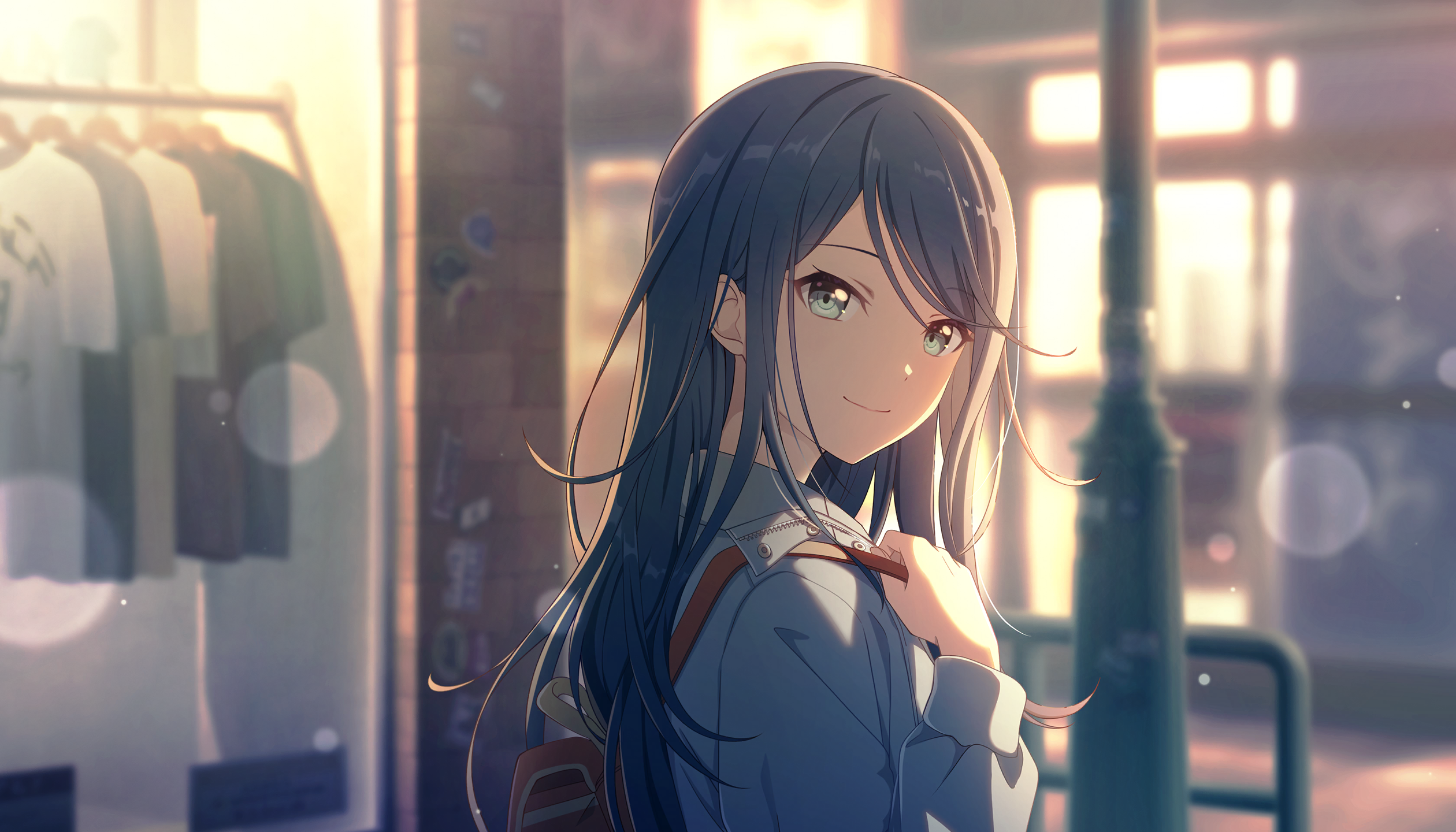 colorful palette, hoshino ichika (project sekai), project sekai, game cg, highres, official art, third-party source, 1girl, black hair, black shirt, blurry, blurry background, bokeh, brown bag, closed mouth, clothes hanger, depth of field, grey eyes, long hair, looking at viewer, shirt, smile, solo, unsteady still steady step (project sekai), white shirt