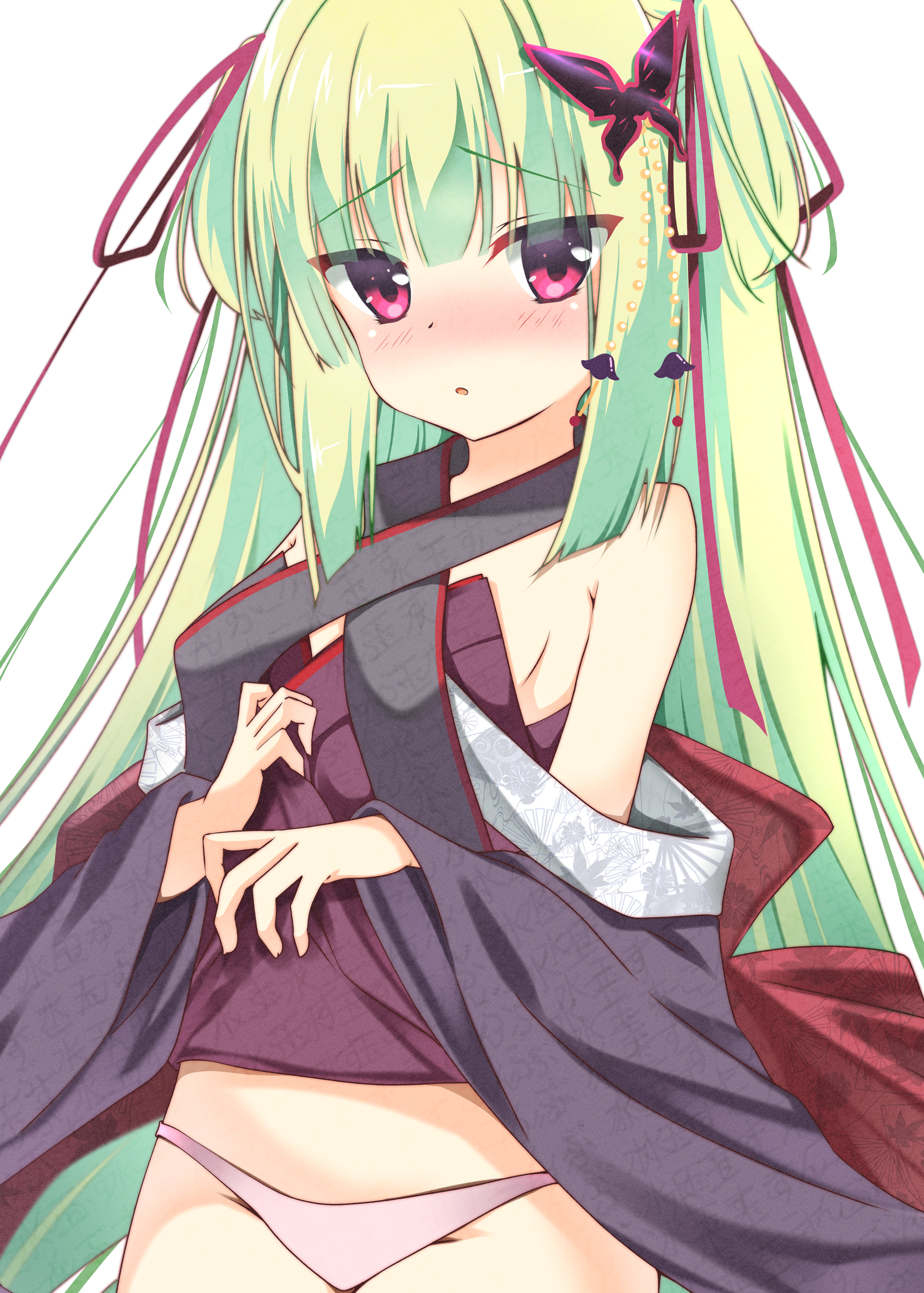 sukonbu385, murasame (senren), senren banka, absurdres, commentary, highres, symbol-only commentary, 1girl, :o, back bow, bare shoulders, black kimono, blunt bangs, blunt ends, blush, bow, breasts, butterfly hair ornament, clothes lift, cowboy shot, criss-cross halter, embarrassed, green hair, hair ornament, hair ribbon, halterneck, hands up, japanese clothes, kimono, kimono lift, lifting own clothes, long hair, long ribbon, long sleeves, looking at viewer, nose blush, open mouth, panties, pink panties, raised eyebrows, red bow, red eyes, red ribbon, ribbon, sidelocks, simple background, small breasts, solo, straight hair, tsurime, two side up, underwear, very long hair, watermark, white background, wide sleeves
