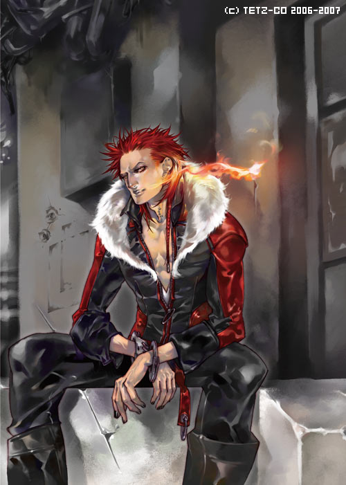 tetz-co, fur, fire, red hair, sitting