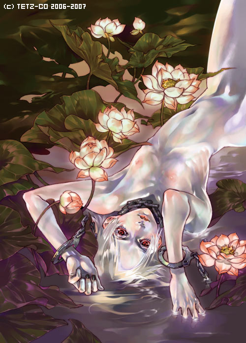 tetz-co, chain, cuffs, handcuffs, lily pad, lying, nude, red eyes, white hair