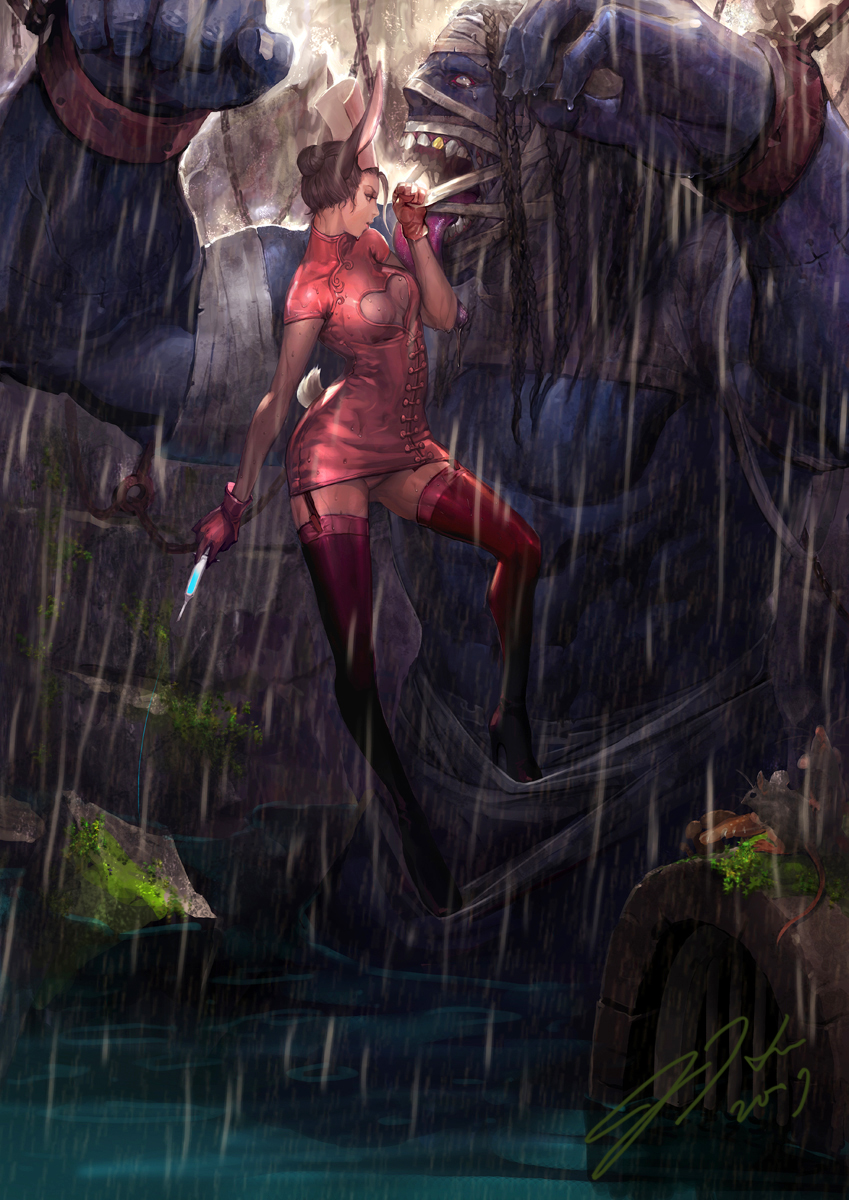 jj (yadz01), highres, animal ears, bandages, breasts, brown hair, china dress, chinese clothes, cleavage, cleavage cutout, clothing cutout, cuffs, dress, gloves, hair bun, monster, mouse (animal), shackles, single hair bun, syringe, tail, thighhighs, zettai ryouiki