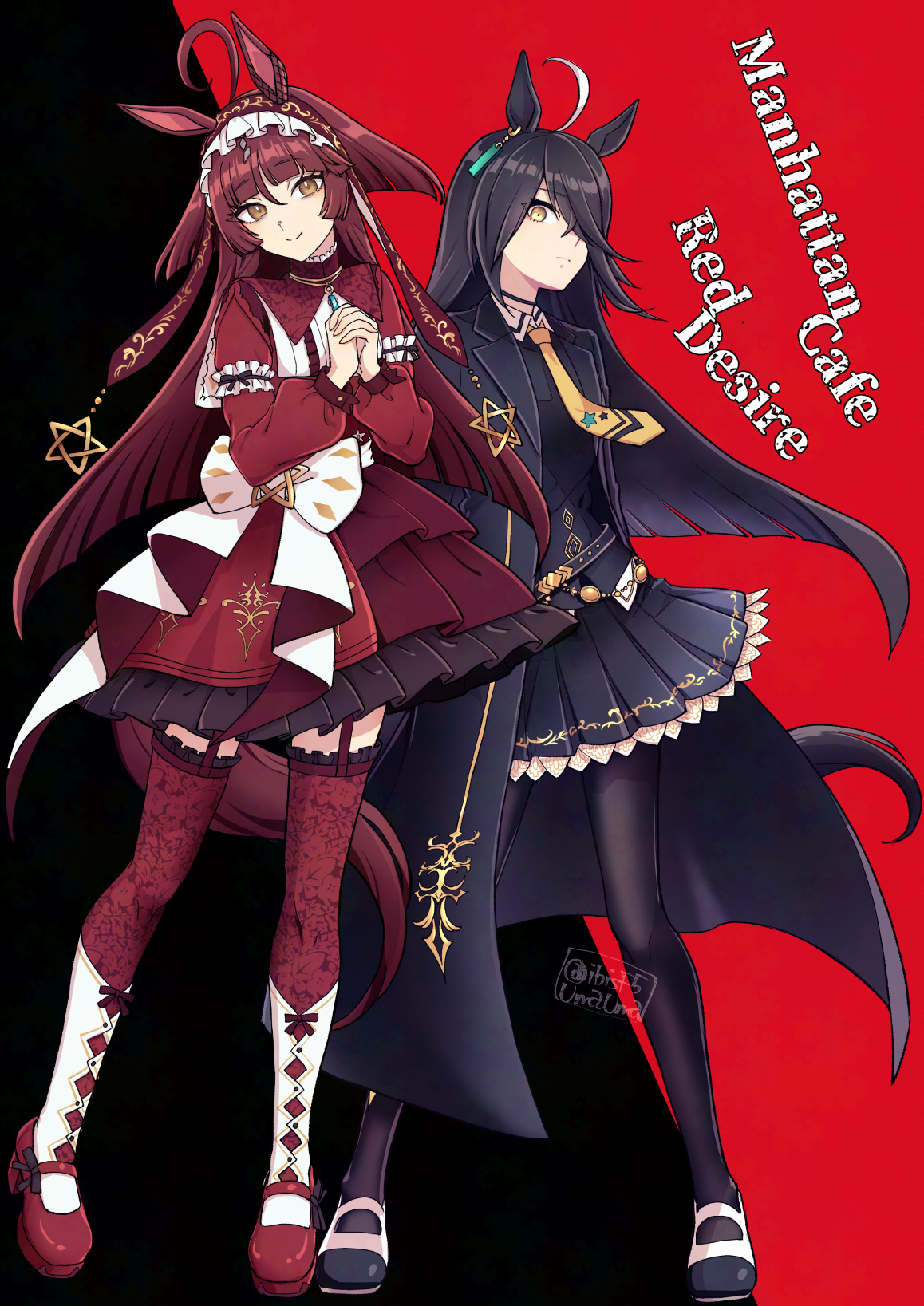 hi (ibisf5umauma), manhattan cafe (creeping black) (umamusume), manhattan cafe (umamusume), red desire (umamusume), umamusume, commentary request, highres, 2girls, ahoge, animal ears, black coat, black hair, black pantyhose, black shirt, black skirt, blunt bangs, blunt ends, blunt sidelocks, brown headdress, closed mouth, coat, collared shirt, dress, ear tag, earrings, frilled hairband, frills, garter straps, hair between eyes, hair over one eye, hairband, hands in pockets, horse ears, horse girl, horse tail, jewelry, long bangs, long hair, long hair between eyes, long sleeves, looking at viewer, multicolored hair, multiple girls, necktie, pantyhose, red dress, red hair, red hairband, red headdress, red thighhighs, shirt, shoes, sidelocks, single earring, skirt, smile, star ornament, tail, thighhighs, very long hair, white hair, yellow eyes, yellow necktie