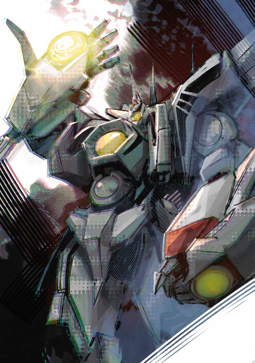 ikuyoan, zeorymer, hades project zeorymer, commentary request, highres, arm up, clenched hand, cowboy shot, mecha, mecha focus, no humans, one-eyed, robot, science fiction, solo, standing, super robot, yellow eyes