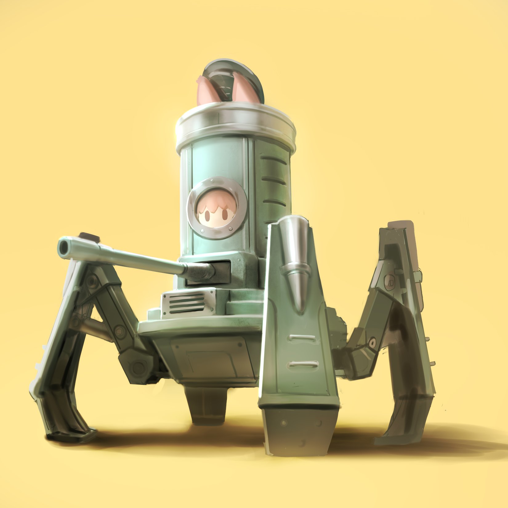 nekoita, original, commentary, english commentary, highres, 1other, animal ears, black eyes, brown hair, cannon, mecha, mecha focus, military vehicle, motor vehicle, robot, round window, science fiction, shadow, solid oval eyes, solo, tank, tank cupola, very long ears, walker (robot), window, yellow background