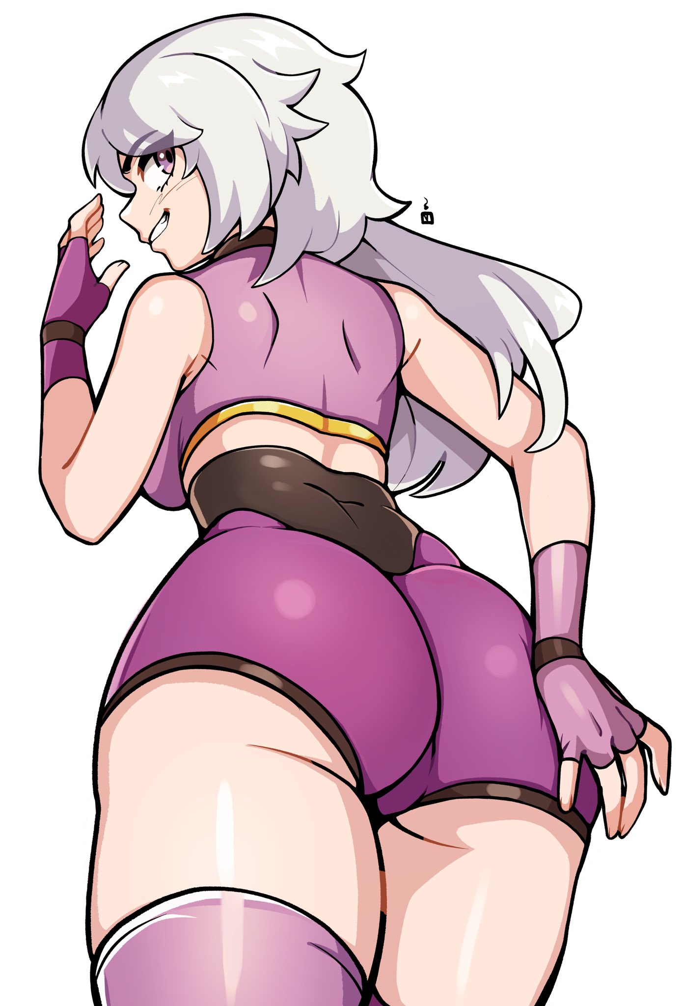 oninuer, original, commentary, commission, english commentary, highres, 1girl, ass, bare shoulders, breasts, cowboy shot, crop top, fingerless gloves, from behind, gloves, hand on own ass, hand up, high-waist shorts, long hair, looking at viewer, looking back, purple eyes, purple gloves, purple shorts, purple thighhighs, shorts, simple background, smile, solo, thighhighs, thighs, white background, white hair