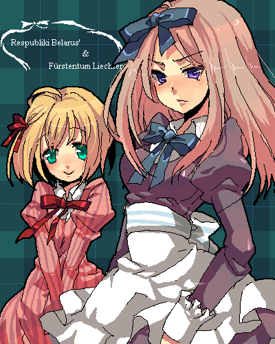 abi, belarus (hetalia), liechtenstein (hetalia), axis powers hetalia, lowres, 00s, 2girls, apron, blonde hair, dress, green eyes, hair ribbon, multiple girls, oekaki, pink hair, purple eyes, ribbon