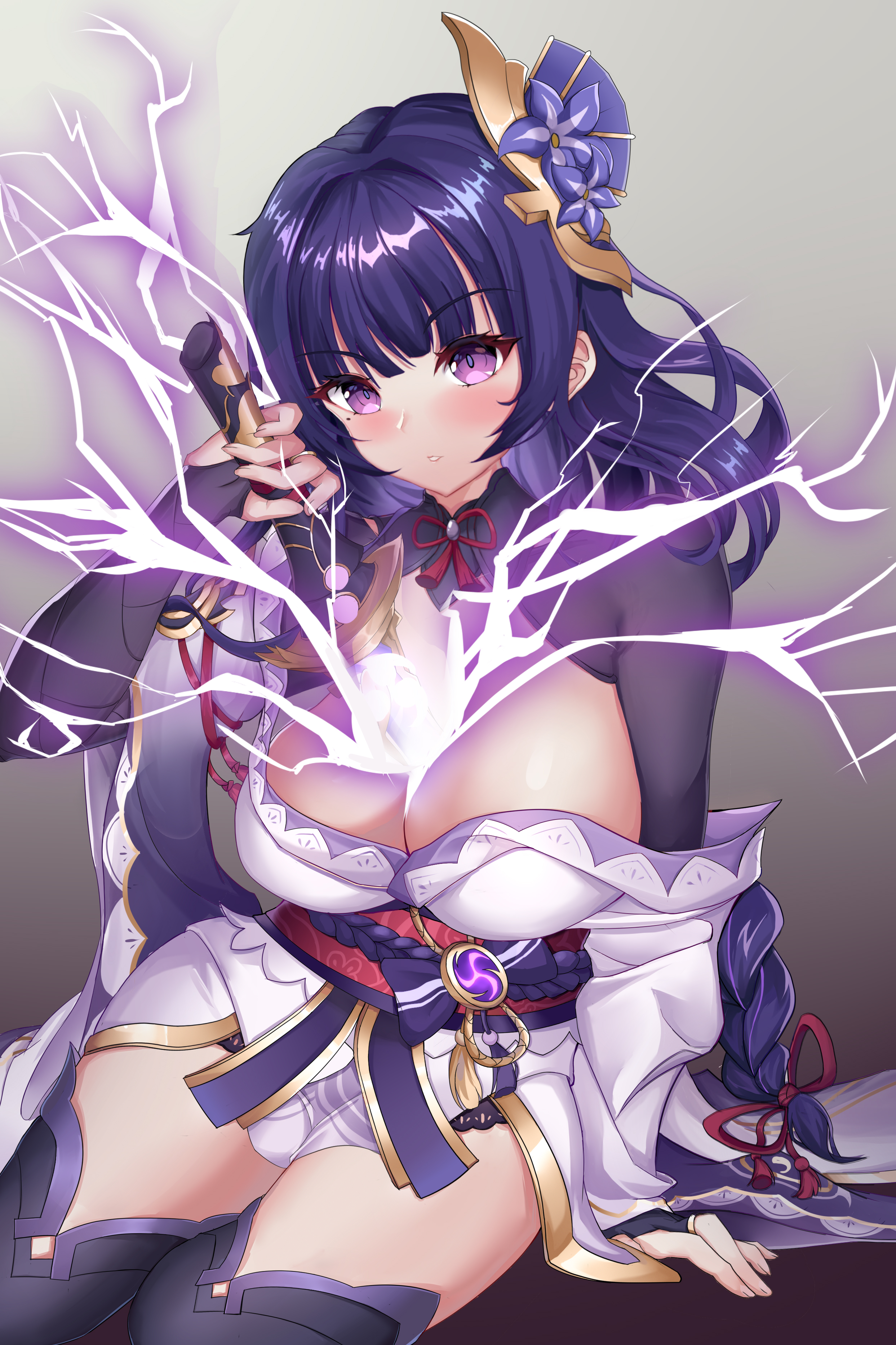 mz (yeye ai chipao mian), raiden shogun, genshin impact, absurdres, chinese commentary, commentary, highres, 1girl, arm support, armor, bare shoulders, black panties, blurry, blurry background, blush, boots, braid, breasts, bridal gauntlets, cleavage, collarbone, drawing sword, electricity, eyelashes, fan hair ornament, floral print, flower, glowing, glowing sword, glowing weapon, gradient background, grey background, hair ornament, hand up, holding, holding sword, holding weapon, human scabbard, japanese clothes, kimono, large breasts, long hair, long sleeves, looking at viewer, low-braided long hair, low-tied long hair, mitsudomoe (shape), mole, mole under eye, musou isshin (genshin impact), neck ribbon, obi, obiage, obijime, off shoulder, panties, purple boots, purple eyes, purple flower, purple hair, purple kimono, red ribbon, ribbon, sash, shiny skin, short kimono, shy, sidelocks, sitting, solo, sword, sword between breasts, tassel, tatami, thigh boots, thighhighs, tomoe (symbol), underwear, very long hair, weapon, wide sleeves, yokozuwari