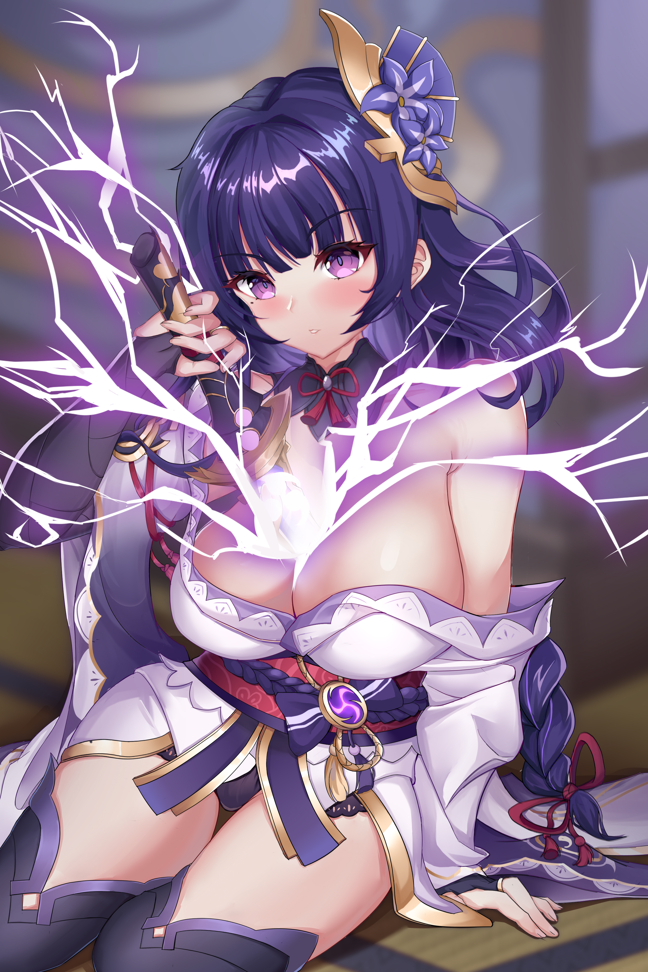 mz (yeye ai chipao mian), raiden shogun, genshin impact, absurdres, chinese commentary, commentary, highres, 1girl, angry, arm support, armor, armpit crease, bare shoulders, black panties, blurry, blurry background, blush, boots, braid, breasts, bridal gauntlets, cleavage, collarbone, drawing sword, electricity, eyelashes, fan hair ornament, floral print, flower, glowing, glowing sword, glowing weapon, hair ornament, hand up, holding, holding sword, holding weapon, human scabbard, japanese clothes, kimono, large breasts, long hair, long sleeves, looking at viewer, low-braided long hair, low-tied long hair, mitsudomoe (shape), mole, mole under eye, musou isshin (genshin impact), neck ribbon, obi, obiage, obijime, off shoulder, panties, purple boots, purple eyes, purple flower, purple hair, purple kimono, red ribbon, ribbon, sash, shiny skin, short kimono, shy, sidelocks, sitting, solo, sword, sword between breasts, tassel, tatami, thigh boots, thighhighs, tomoe (symbol), underwear, very long hair, weapon, wide sleeves, yokozuwari