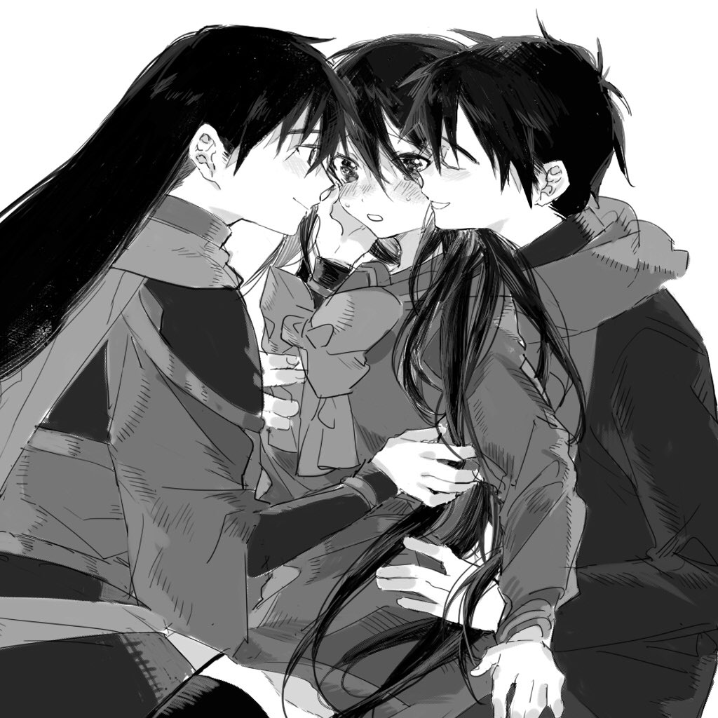 feiqi chelun, sairei no hebi, sakai yuuji, shana, shakugan no shana, commentary request, 1girl, 2boys, black hair, blush, bow, boy sandwich, dual persona, gakuran, hetero, hug, hug from behind, long hair, long sleeves, looking at another, monochrome, multiple boys, parted lips, ribbon, sandwiched, school uniform, simple background, smile, white background