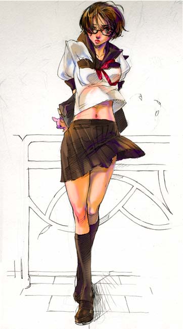 tetz-co, tagme, glasses, navel, school uniform, skirt