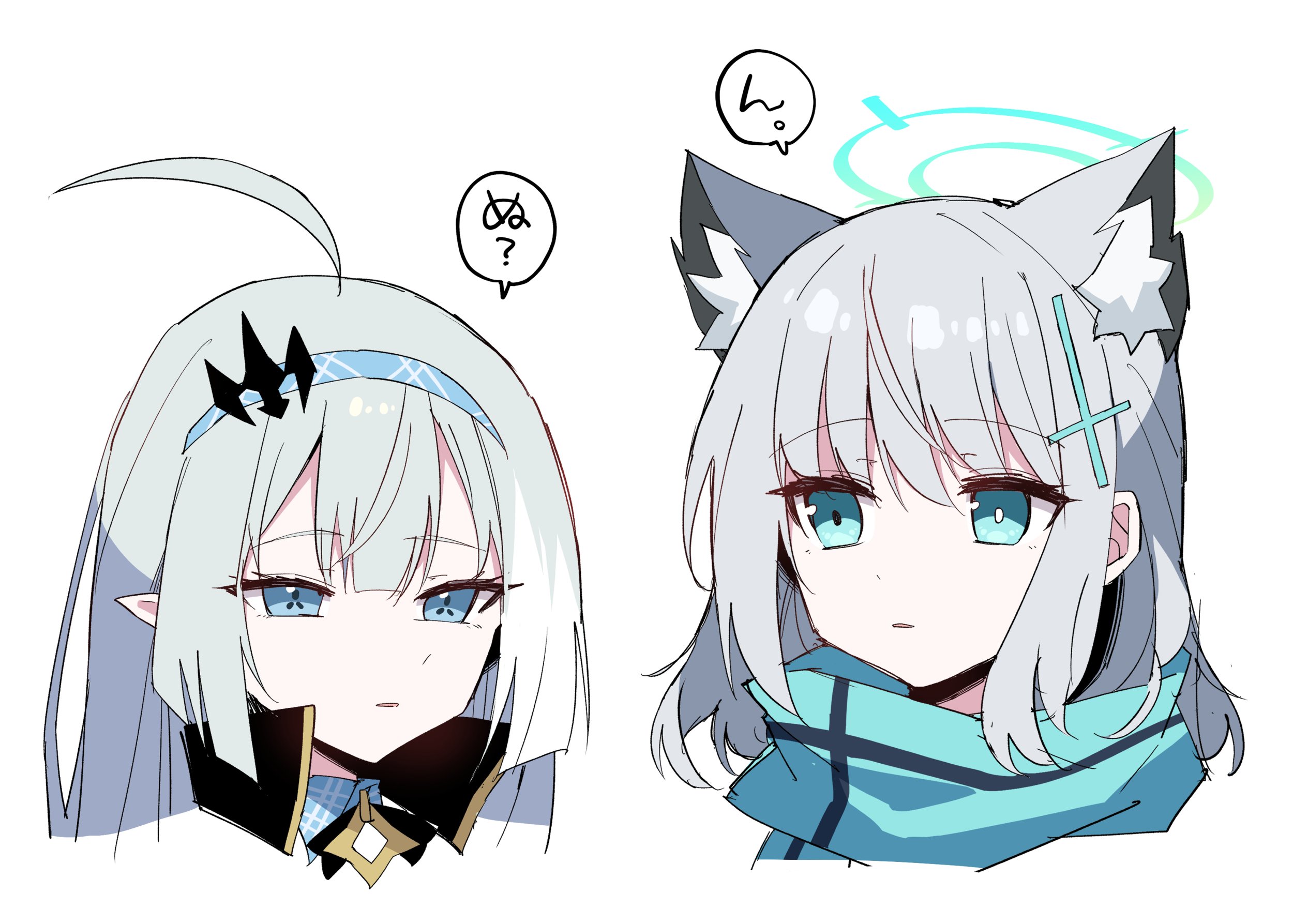 himiya jouzu, female tyrant (stella sora), shiroko (blue archive), tyrant (stella sora), blue archive, stella sora, commentary, highres, translated, 2girls, animal ears, black ribbon, blue eyes, blue hairband, blue scarf, checkered hairband, cross hair ornament, crossover, extra pupils, grey hair, hair ornament, hairband, halo, long hair, medium hair, mismatched pupils, multiple girls, neck ribbon, pointy ears, ribbon, scarf, simple background, speech bubble, upper body, white background, wolf ears, wolf girl