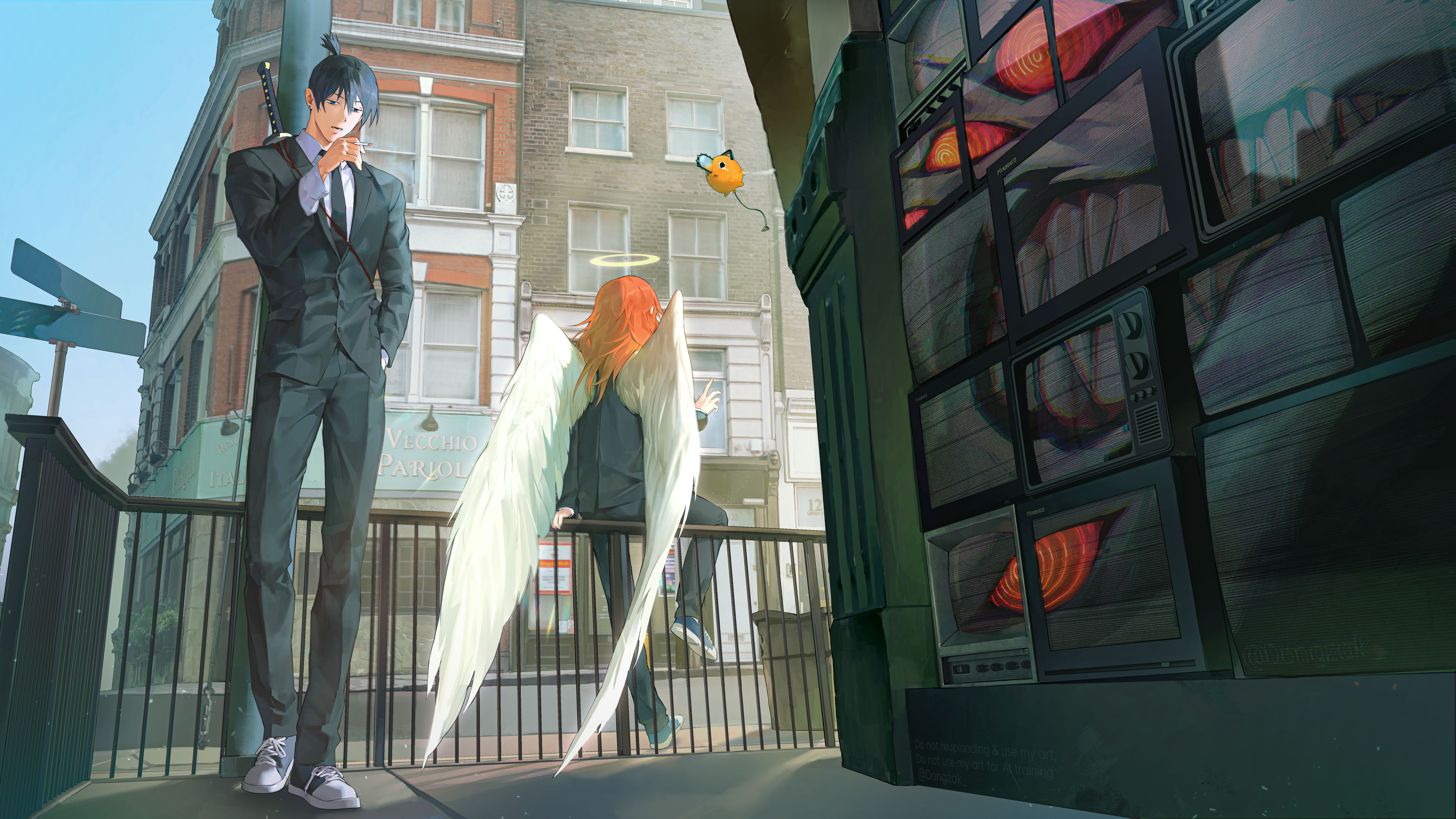 dongzak o0, angel devil (chainsaw man), fox devil (chainsaw man), hayakawa aki, pochita (chainsaw man), chainsaw man, absurdres, commentary, highres, 2boys, angel wings, black hair, black jacket, black necktie, black pants, black suit, building, cigarette, cityscape, collared shirt, day, direction board, extra eyes, formal clothes, halo, hand in pocket, holding, holding cigarette, jacket, katana, male focus, multiple boys, necktie, on railing, orange hair, outdoors, pants, railing, ringed eyes, shirt, shoes, sneakers, suit, sword, topknot, twitter username, weapon, weapon on back, white shirt, white wings, wings