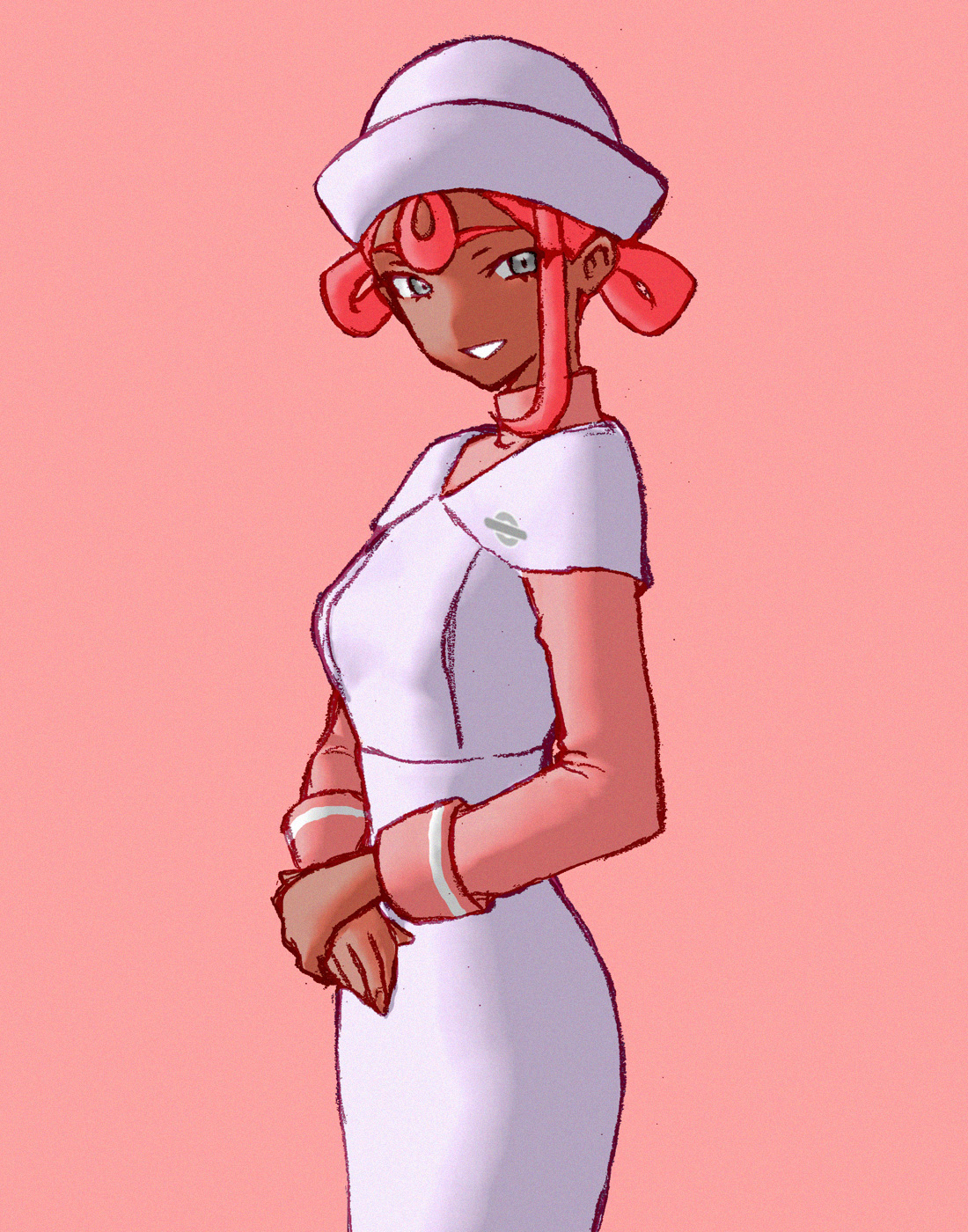 joy (pokemon), joy (pokemon legends: z-a), nintendo, pokemon, pokemon legends: z-a, commentary, highres, 1girl, breasts, dark-skinned female, dark skin, draw and erase, dress, eyelashes, grey eyes, hair rings, pink background, pink hair, short hair, short sleeves, simple background, smile, solo, white dress, white hair