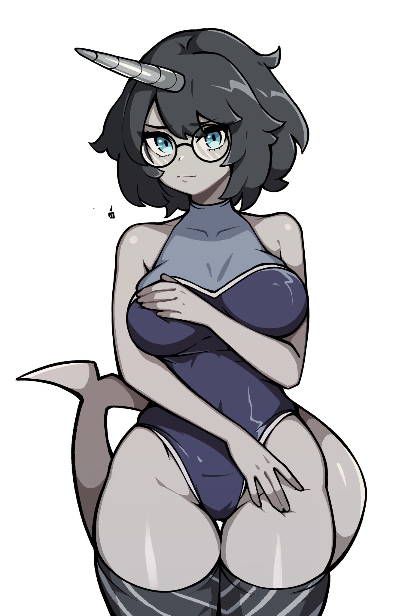oninuer, original, commentary, commission, english commentary, highres, 1girl, bare arms, blue eyes, blue one-piece swimsuit, breasts, cetacean tail, closed mouth, colored skin, cowboy shot, fins, fish tail, glasses, grey hair, grey skin, grey thighhighs, groin, hand on own chest, highleg, highleg one-piece swimsuit, horns, large breasts, looking at viewer, narwhal girl, one-piece swimsuit, parted bangs, round eyewear, short hair, simple background, single horn, solo, striped clothes, striped thighhighs, swimsuit, tail, thick thighs, thighhighs, thighs, white background