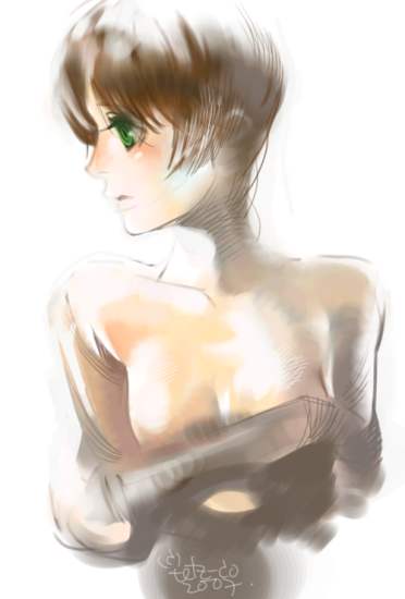 tetz-co, source request, tagme, covering breasts, covering privates, green eyes, short hair