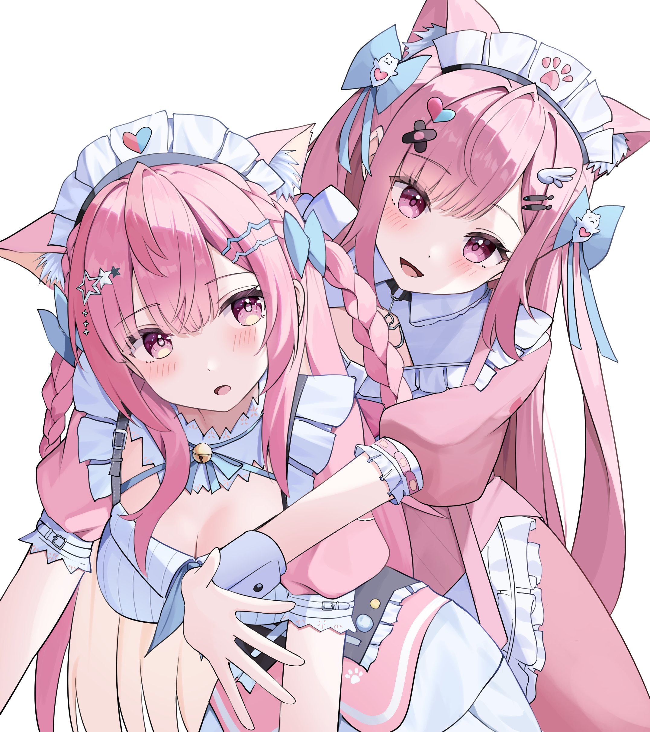masamune-tan, yuuki sakuna, yuuki sakuna (1st costume), indie virtual youtuber, absurdres, commentary request, highres, 2girls, ahoge, animal ears, bandaid, bandaid hair ornament, bell, black choker, blue bow, blue ribbon, blush, bow, braid, breasts, cat choker, cat ears, cat girl, cat hair ornament, choker, cleavage, cleavage cutout, clothing cutout, crossed bandaids, dress, dual persona, extra ears, fish hair ornament, ghost hair ornament, hair bow, hair ornament, hairclip, heart, heart hair ornament, heart print, jingle bell, large breasts, leaning forward, long hair, looking back, maid, maid headdress, multiple girls, neck bell, neck ribbon, o-ring, o-ring choker, open mouth, paw print, pink dress, pink eyes, pink hair, ribbon, short sleeves, simple background, smile, star (symbol), star hair ornament, suspenders, two side up, virtual youtuber, white background, white dress, white wrist cuffs, wing hair ornament, wrist cuffs