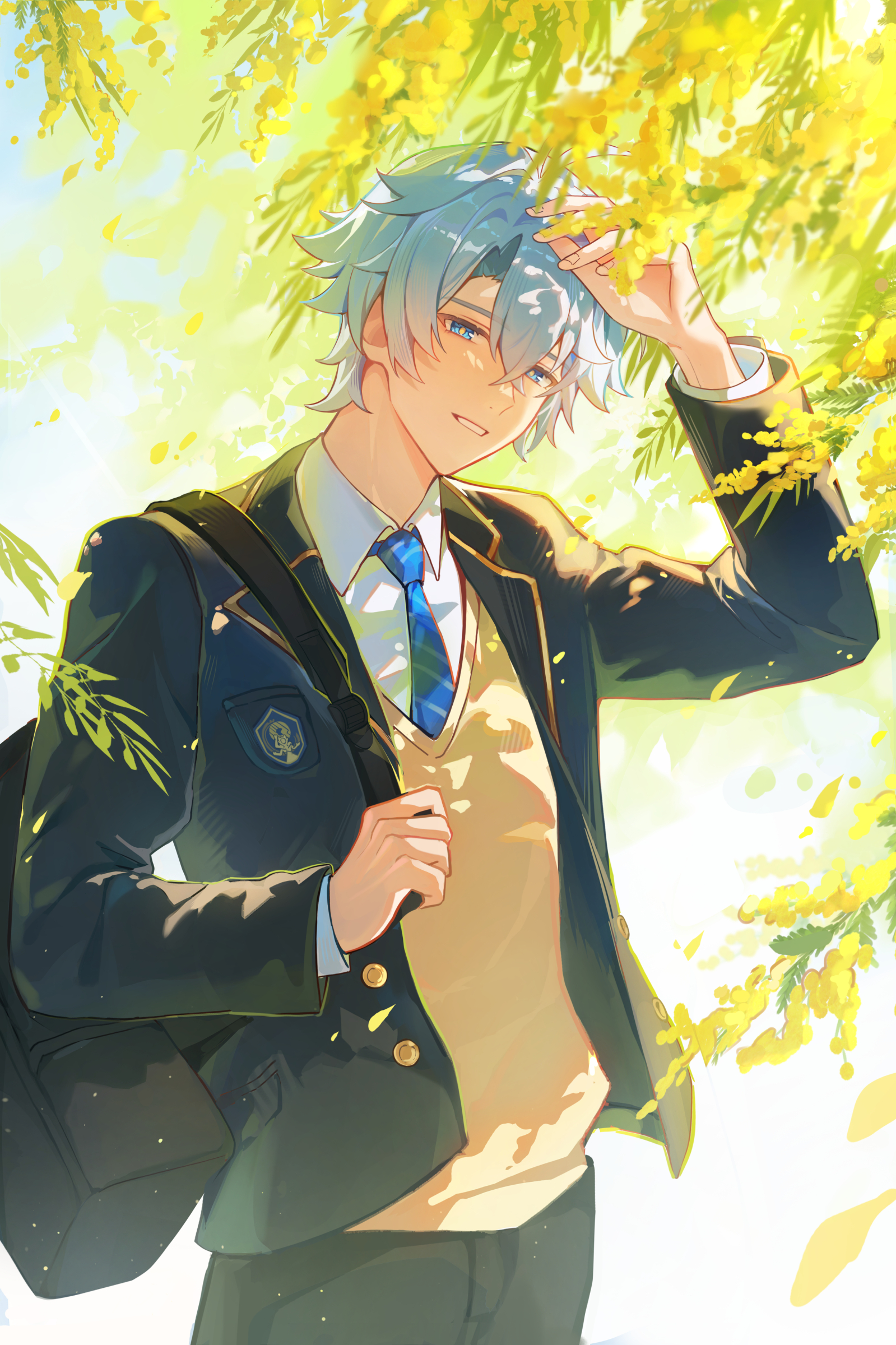 uwon, phainon (honkai: star rail), honkai: star rail, honkai (series), absurdres, commentary, highres, symbol-only commentary, 1boy, arm up, bag, black jacket, blue eyes, blue necktie, collared shirt, cowboy shot, day, hair between eyes, jacket, long sleeves, looking at viewer, male focus, necktie, open clothes, open jacket, outdoors, parted bangs, parted lips, shirt, short hair, solo, striped necktie, sweater, white hair, white shirt, yellow sweater